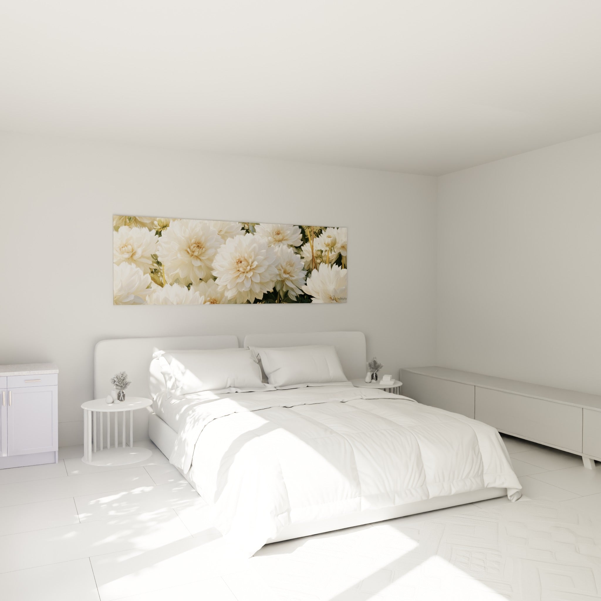 Bouquet de dahlias ivoire et crème peint au-dessus d'un lit dans une chambre claire