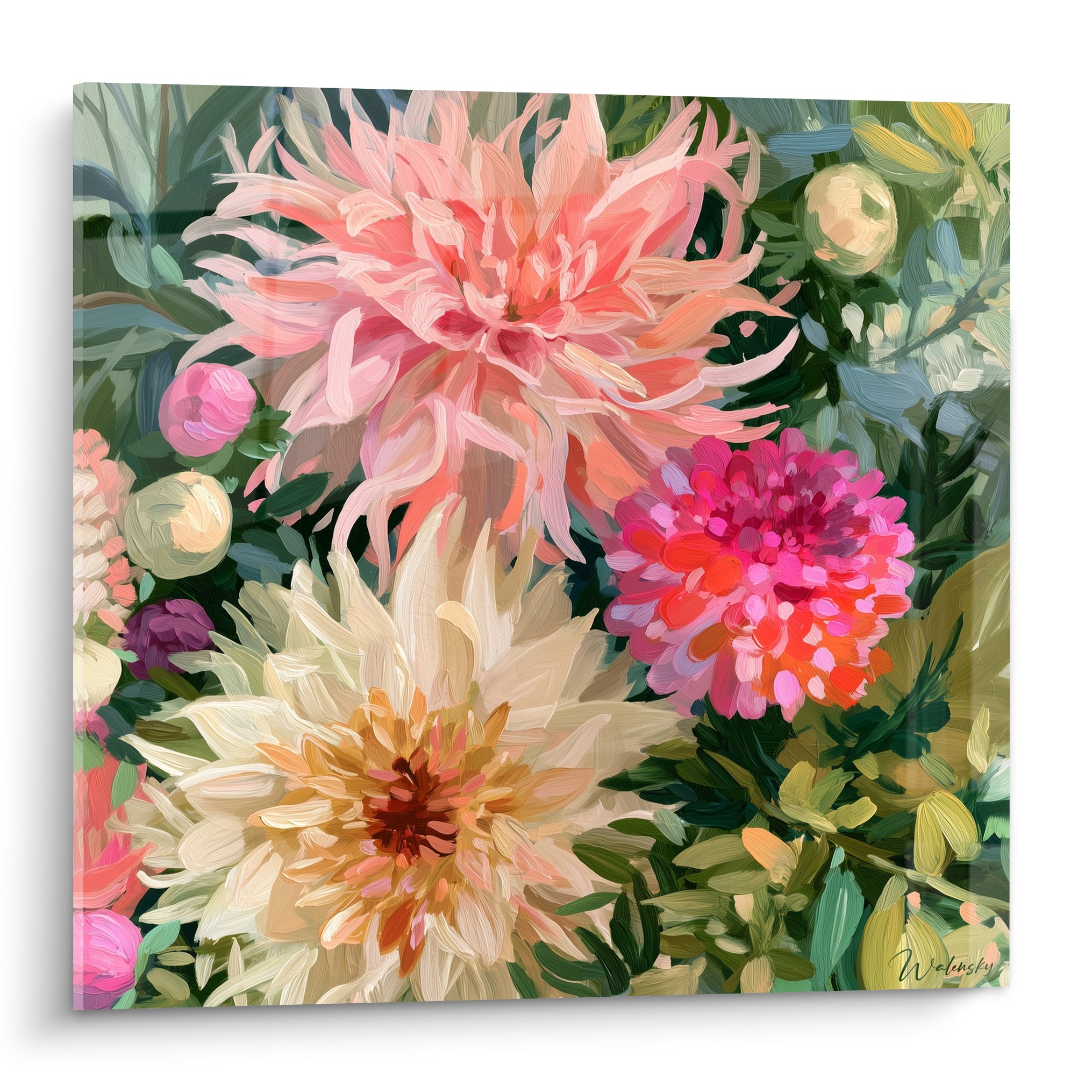 Bouquet de dahlias rose saumon et crème aux pétales effilés, peinture florale dense et lumineuse