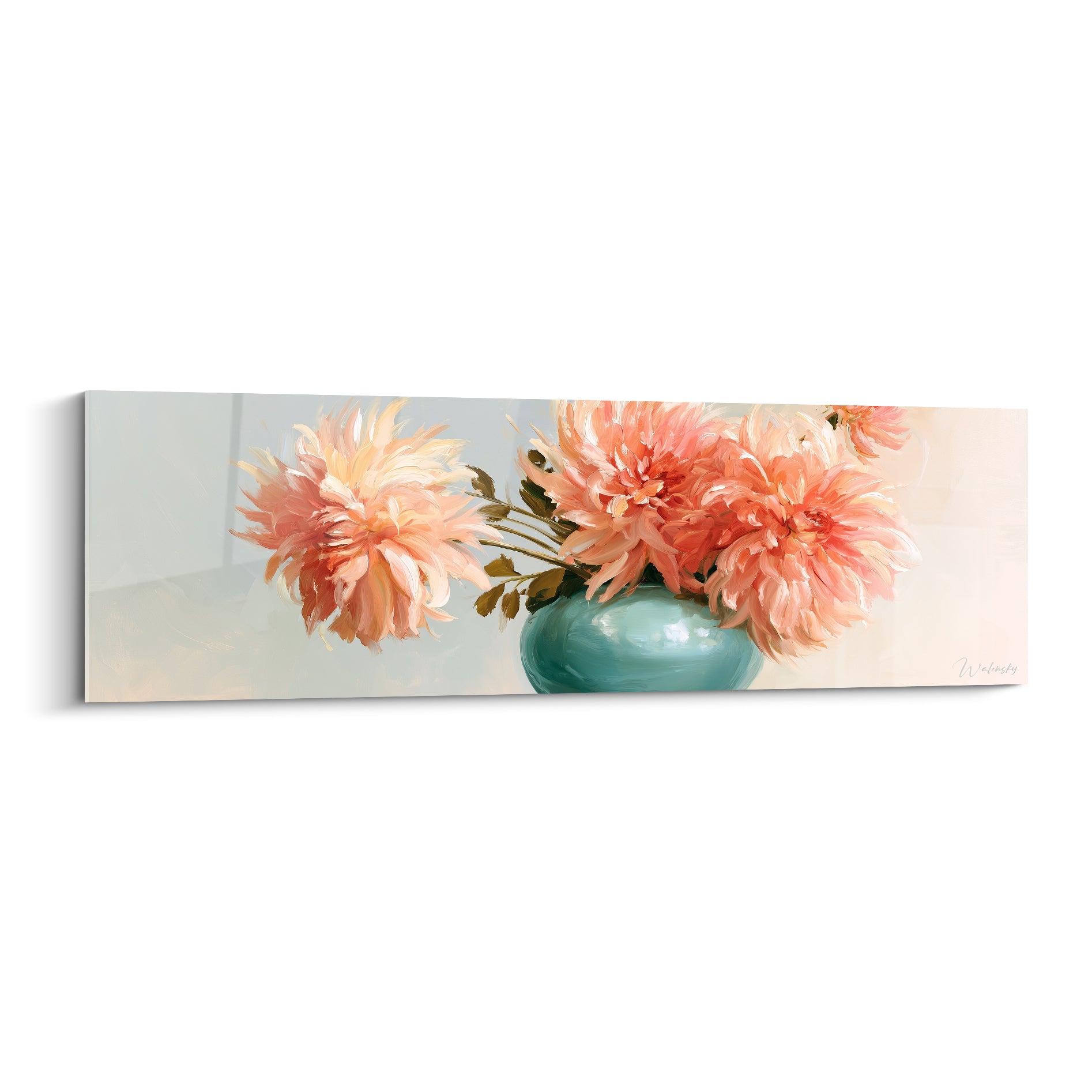 Dahlias roses et pêche épanouis dans un vase turquoise, peinture aux empâtements généreux