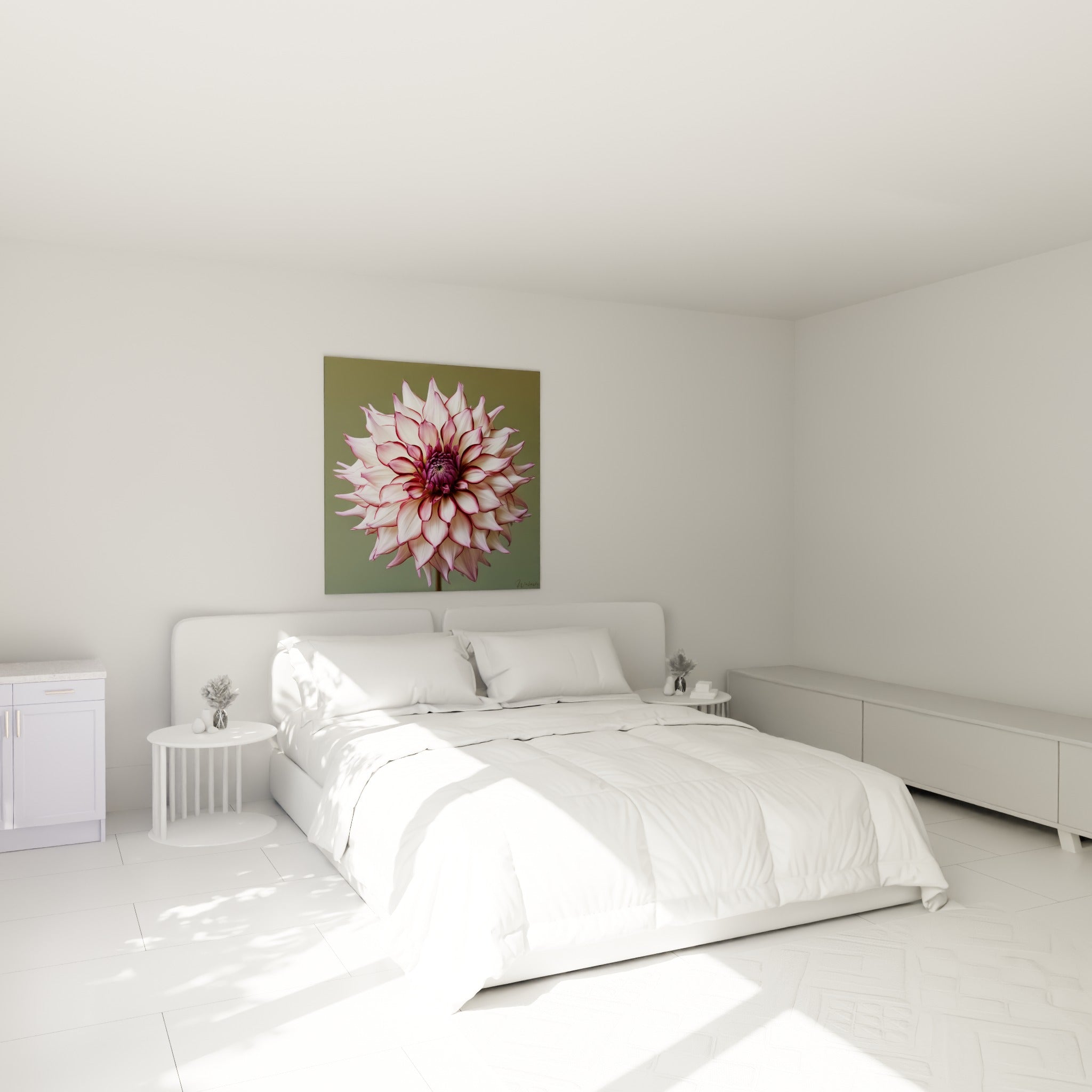 Pétales blancs et roses du dahlia en étoile parfaite, au-dessus d'un lit dans une chambre claire