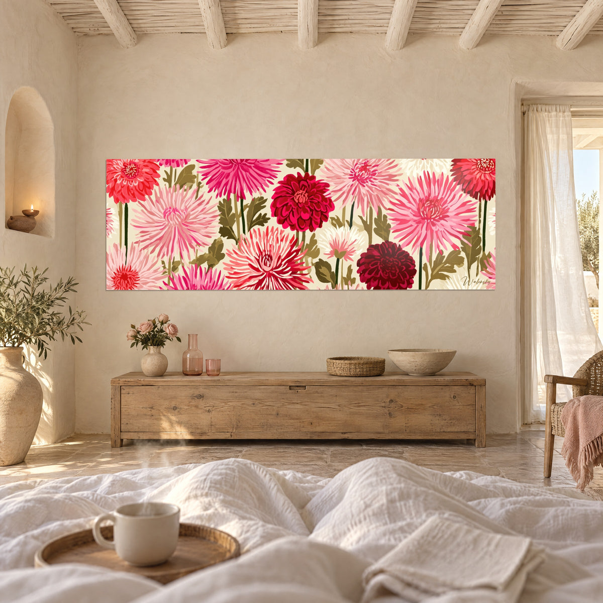 Wall art scarlet chrysanthemums and burgundy pompoms on dark green stems, hung above a bed in a bright bedroom
