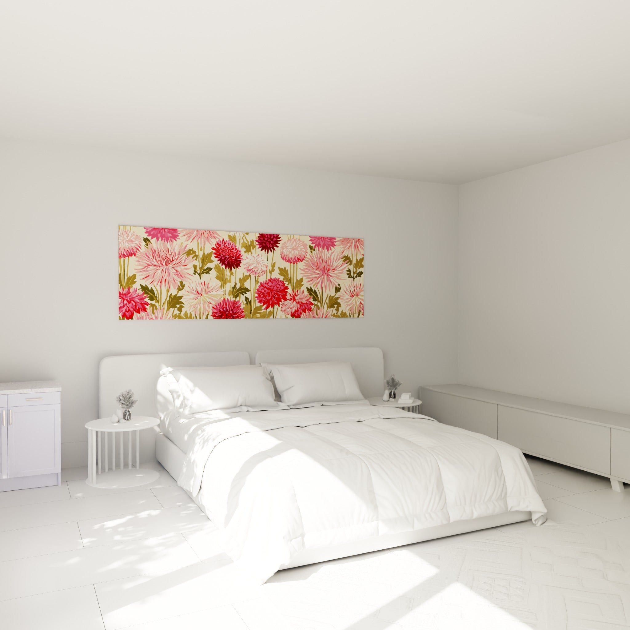Pompons de dahlias rose poudré et rouge carmin déployés au-dessus d'un lit dans une chambre claire