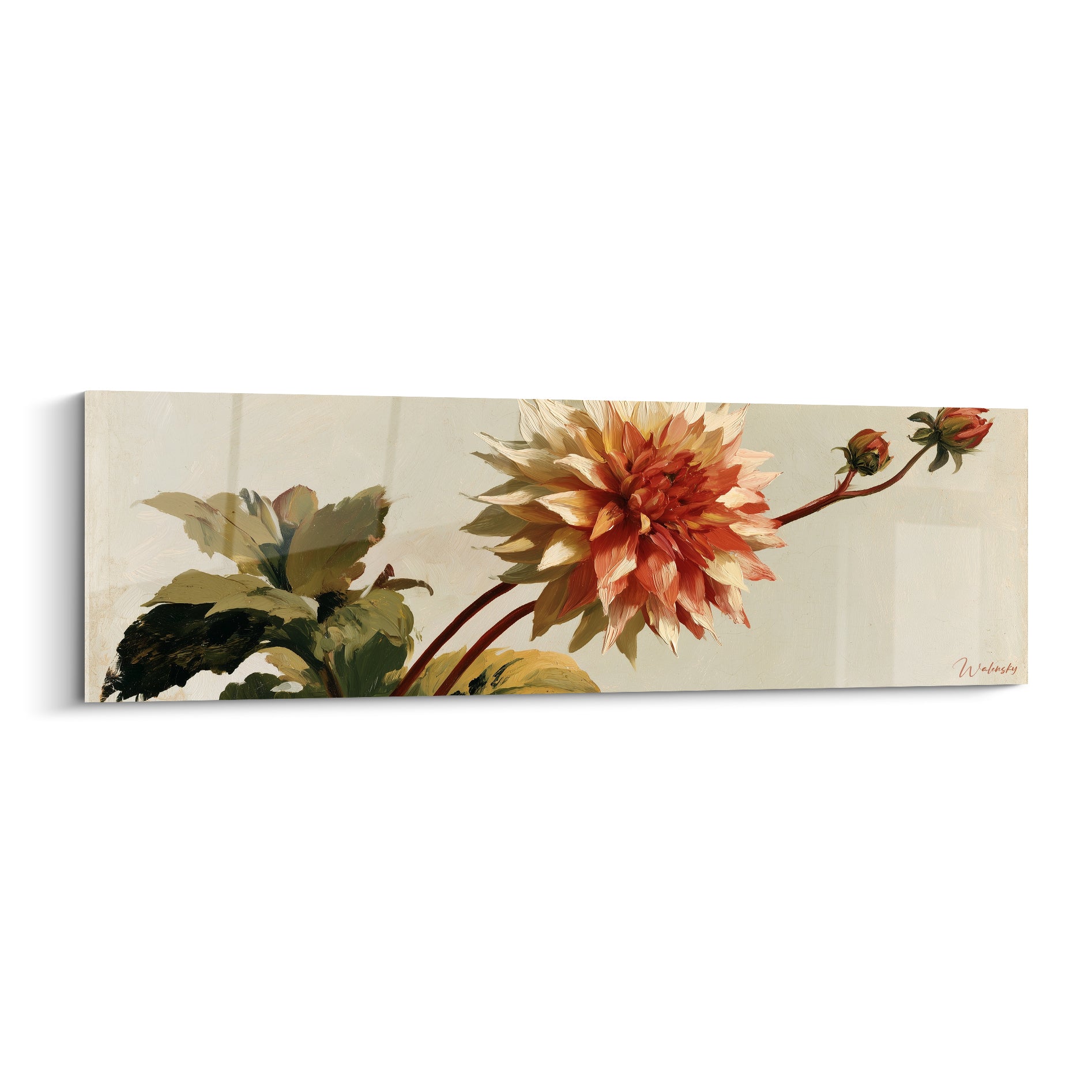 Dahlia corail et beige aux pétales effilés, tige arquée sur fond ivoire épuré