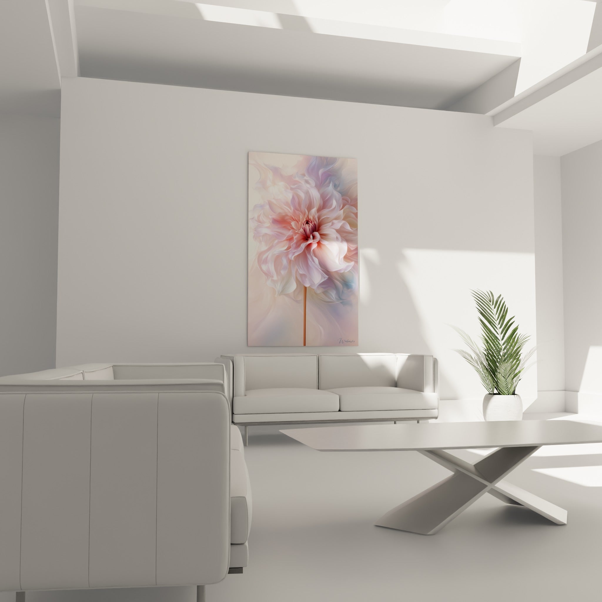 Pétales de dahlia bleu pastel et rose corail suspendus au-dessus d'un canapé dans un salon lumineux