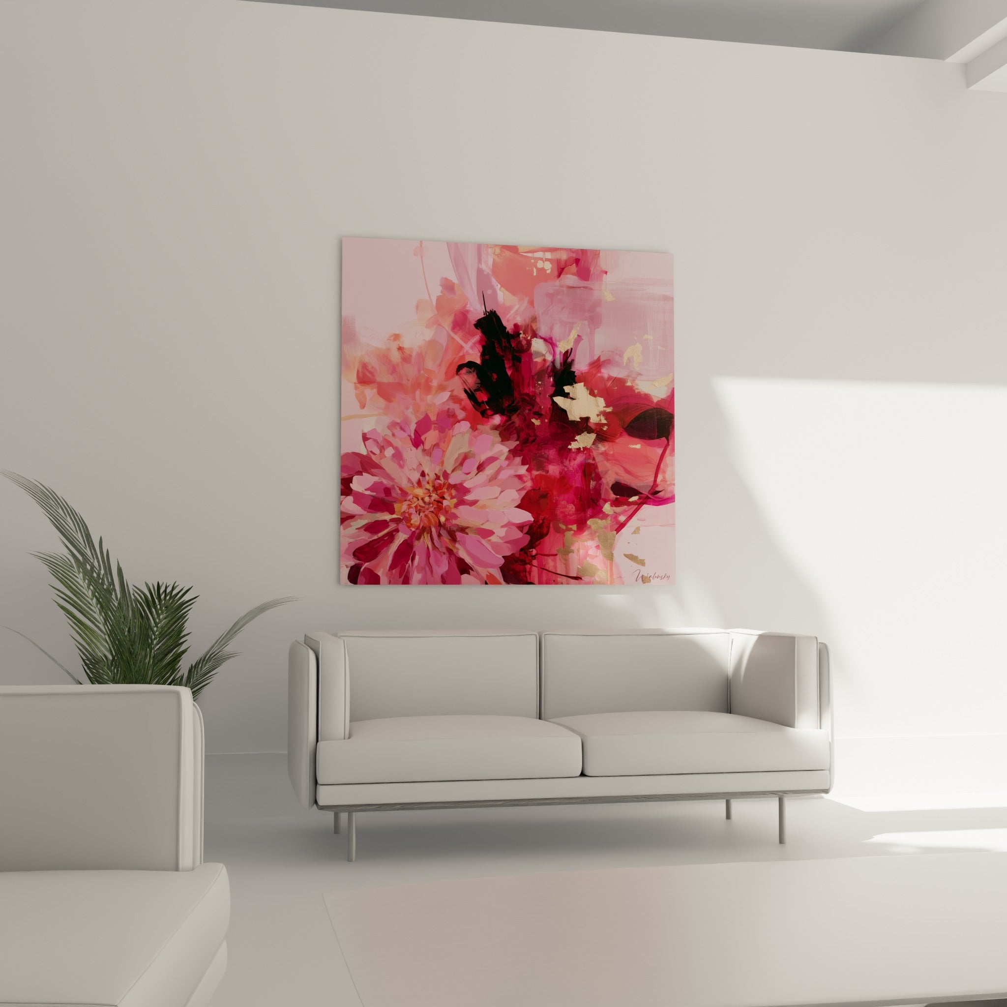 Bouquet de dahlia rose et corail à empâtements généreux, au-dessus d'un canapé dans un salon lumineux