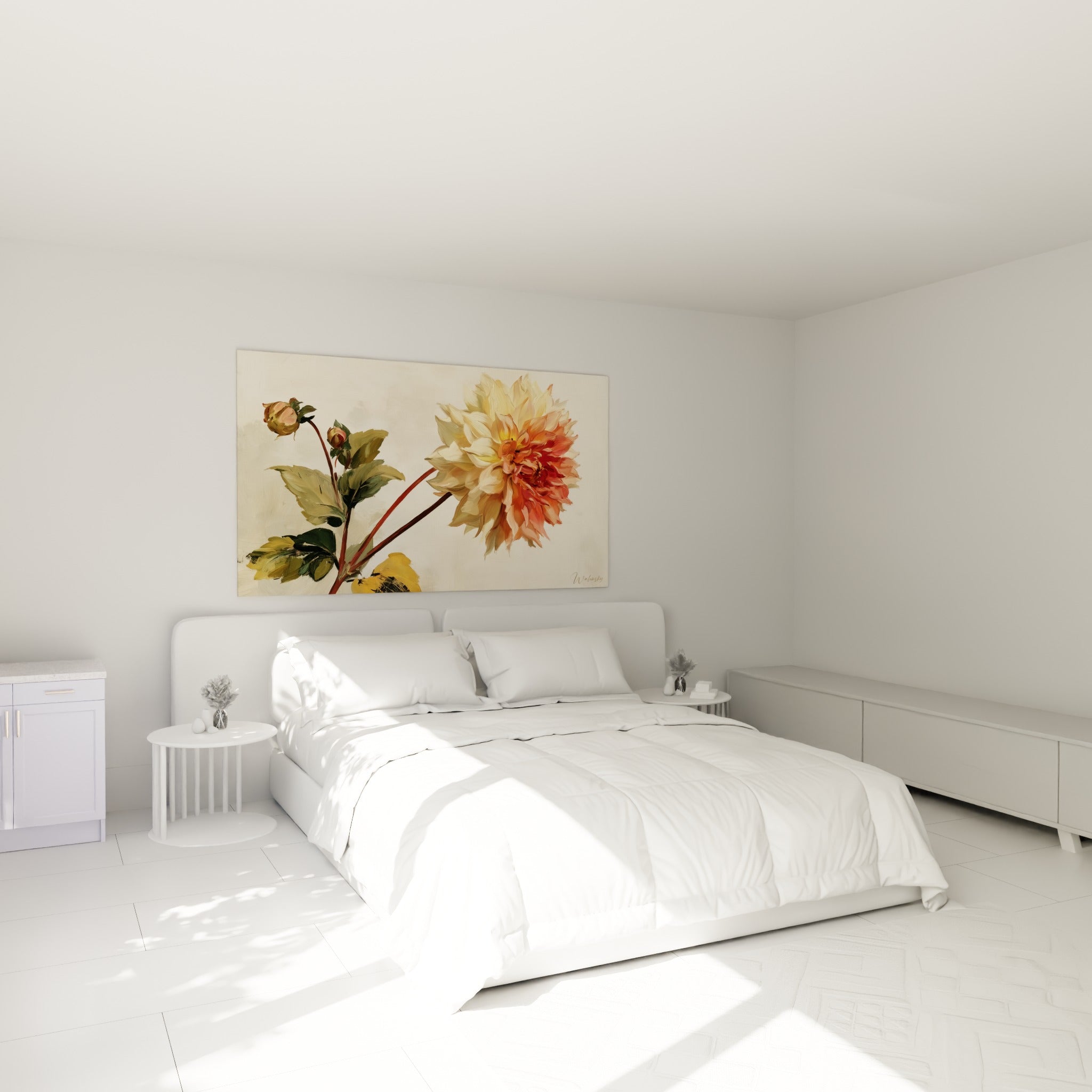 Fleur dahlia corail et crème aux boutons verts, au-dessus d'un lit dans une chambre claire