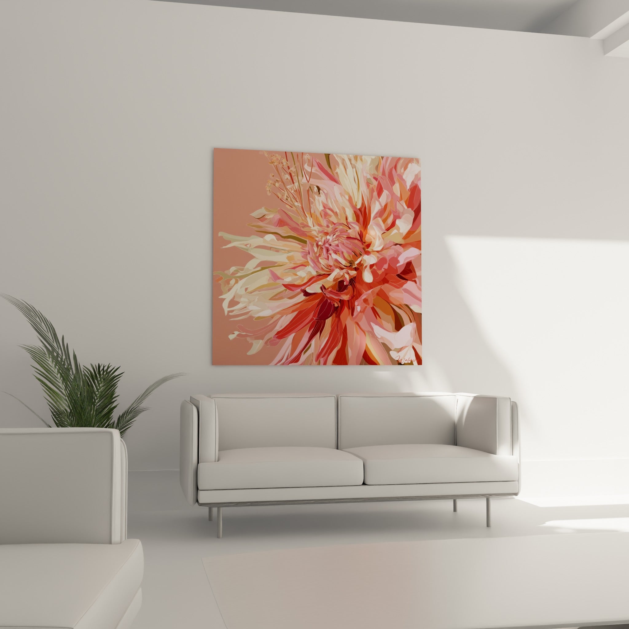Pétales corail et rose vif d'un dahlia peint au-dessus d'un canapé dans un salon lumineux
