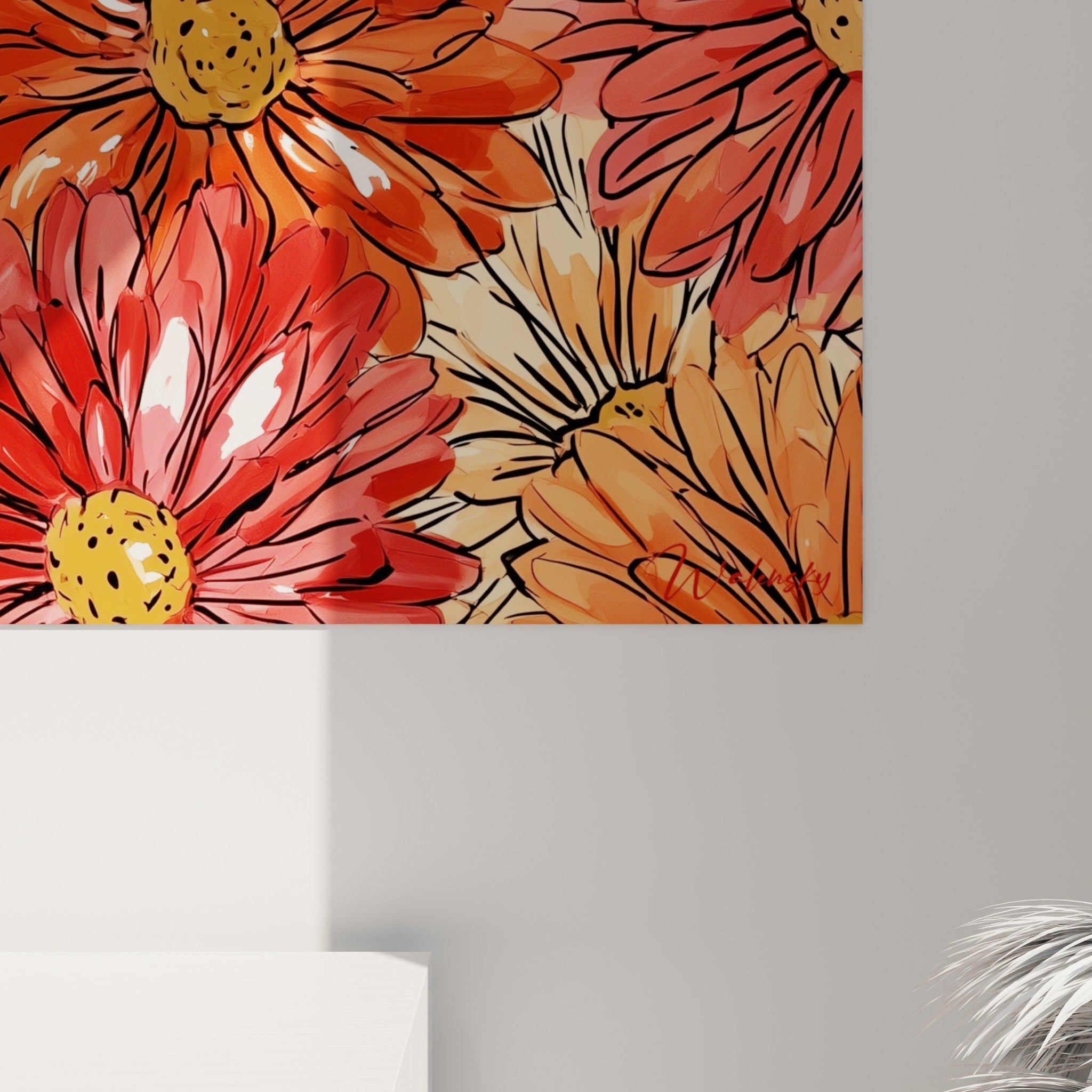 Pétales de dahlia bordeaux et orangé aux traits noirs marqués, coulures et empâtements visibles