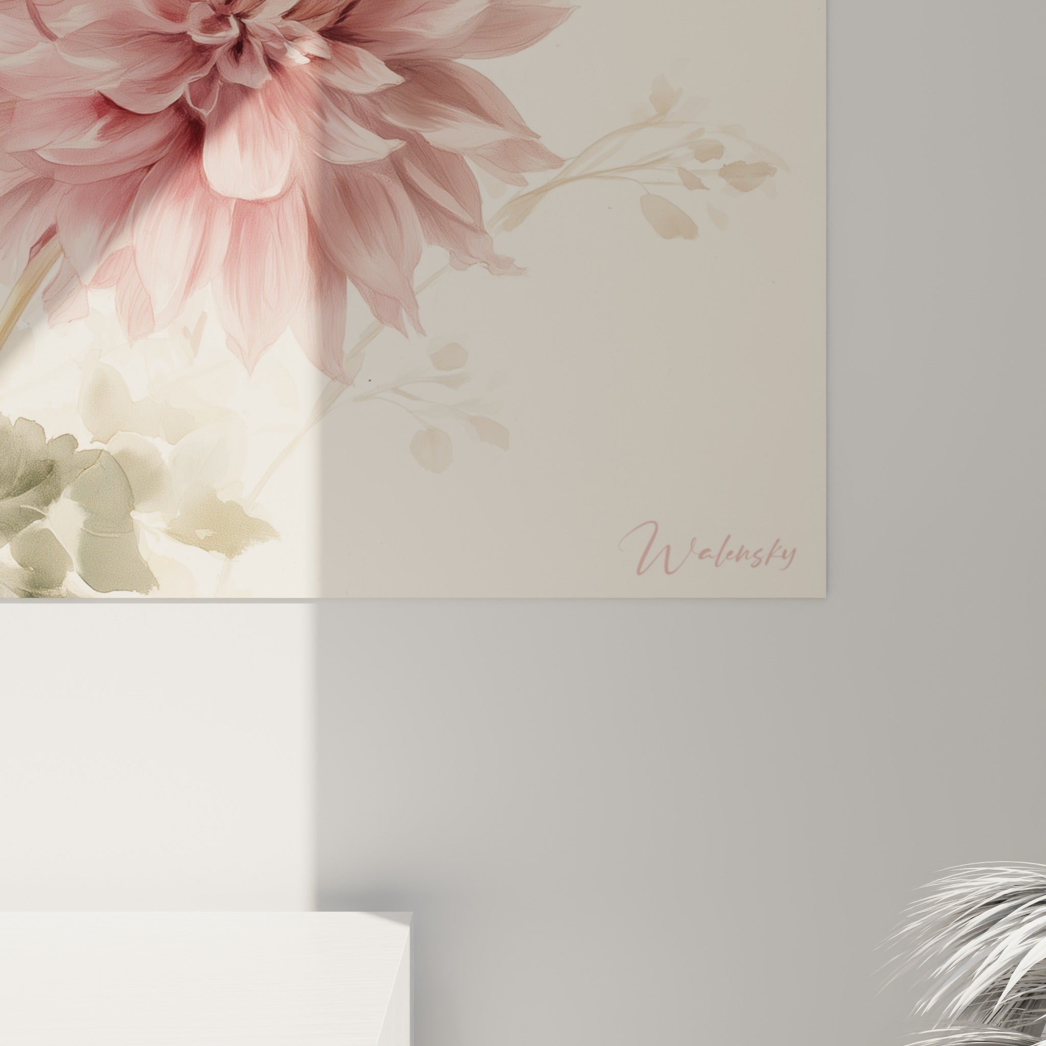 Empâtements de rose poudré et pourpre bordeaux fondus sur la toile du dahlia, grain visible de l'impression