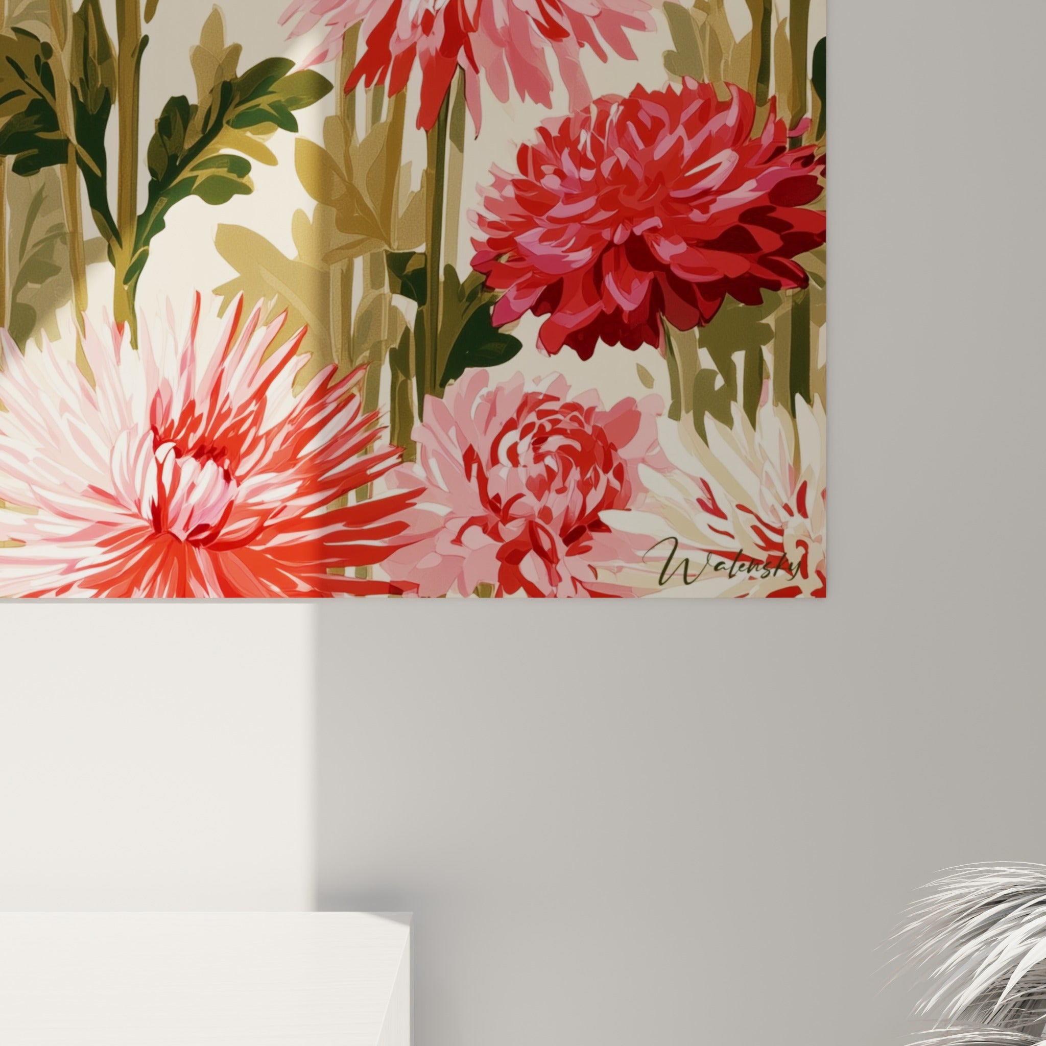 Détail des pétales roses et rouges du dahlia peint, textures fines et couches de couleurs superposées