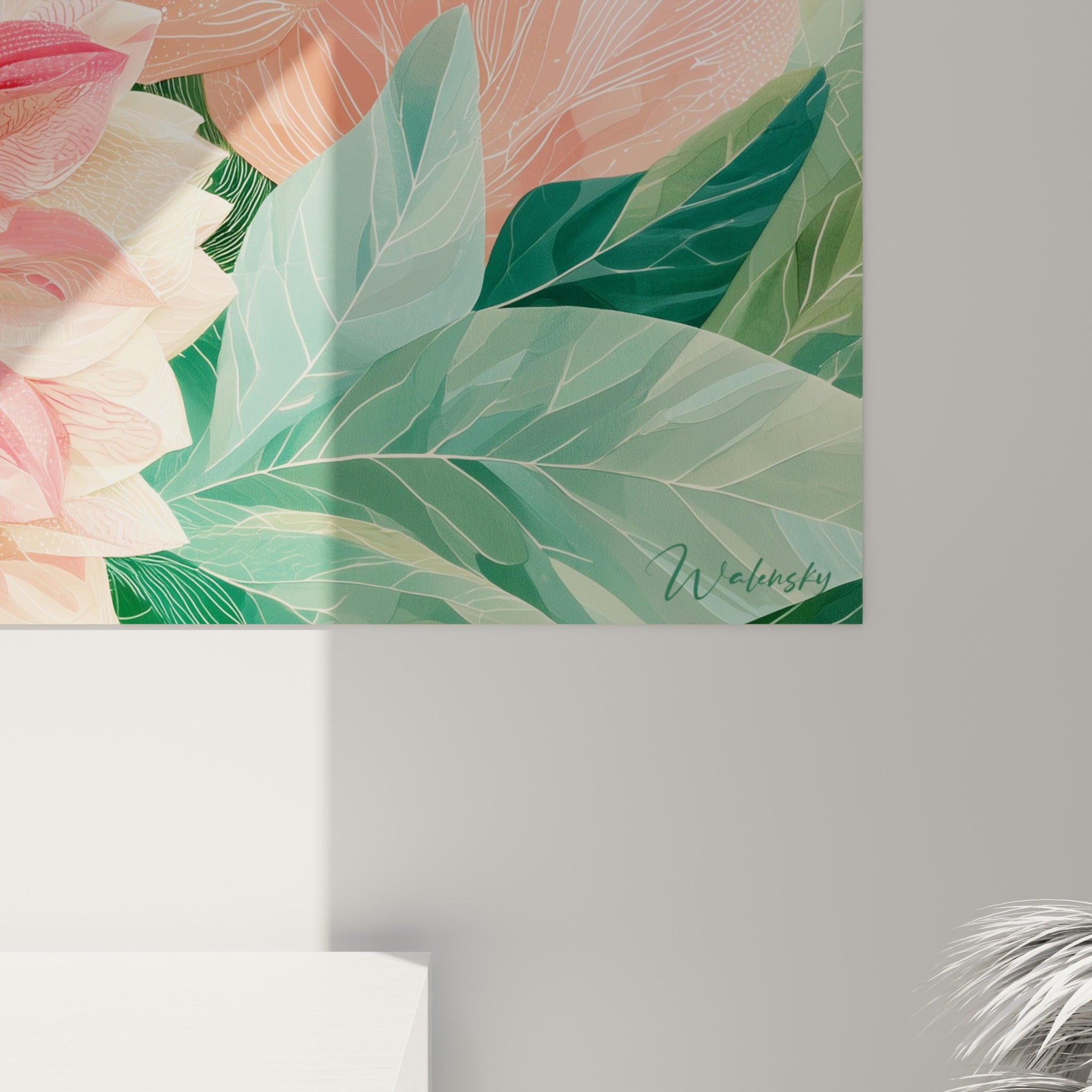Empâtements fins et lignes graphiques sur les pétales rose pâle et bordeaux du dahlia en gros plan