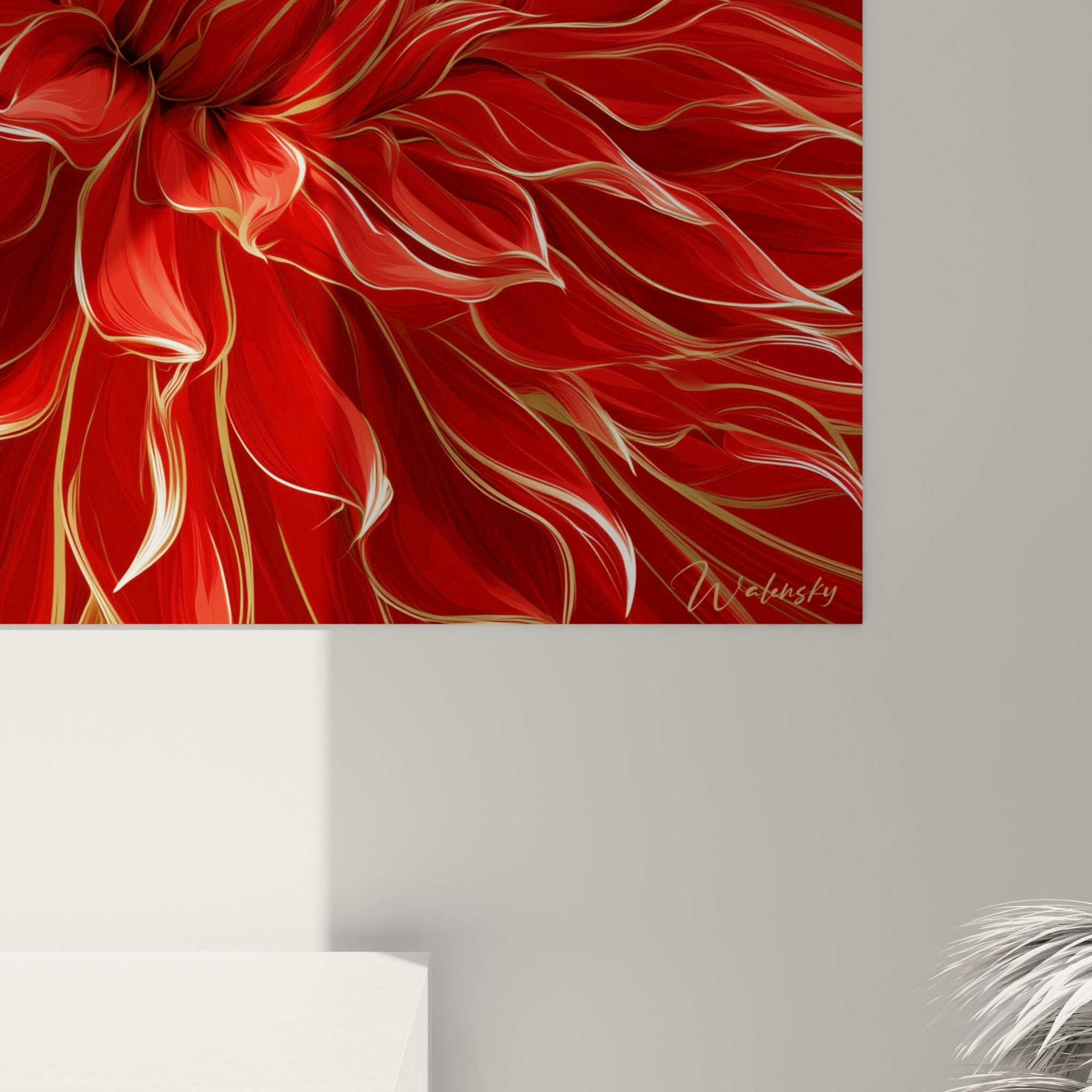 Lignes dorées et rouge profond du dahlia visibles en gros plan, texture nette de l'impression