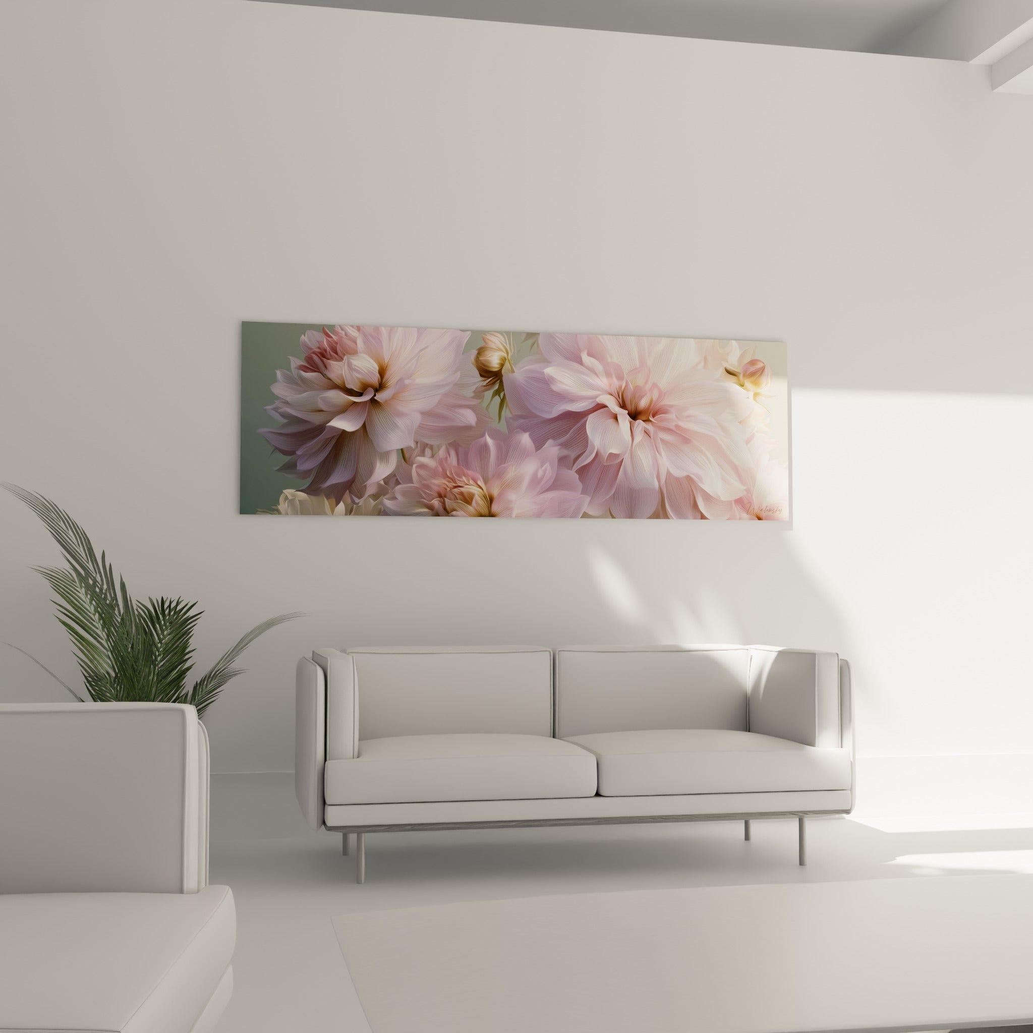 Fleurs de dahlia rose et vert sauge disposées au-dessus d'un canapé dans un salon lumineux