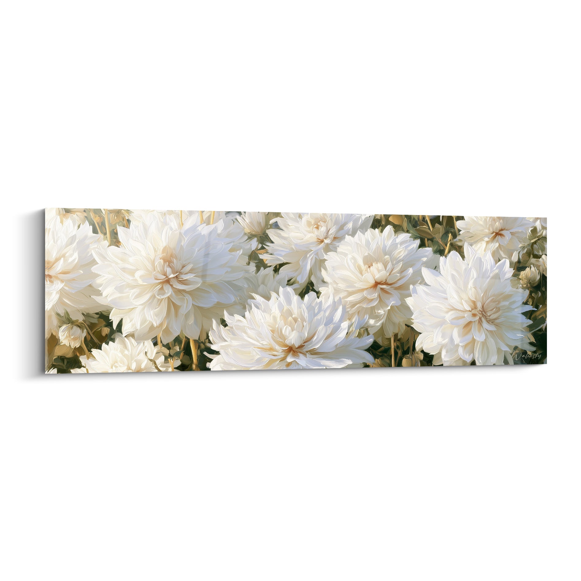 Dahlias blancs aux cœurs dorés peints en gros bouquet, pétales denses et lumière douce dorée