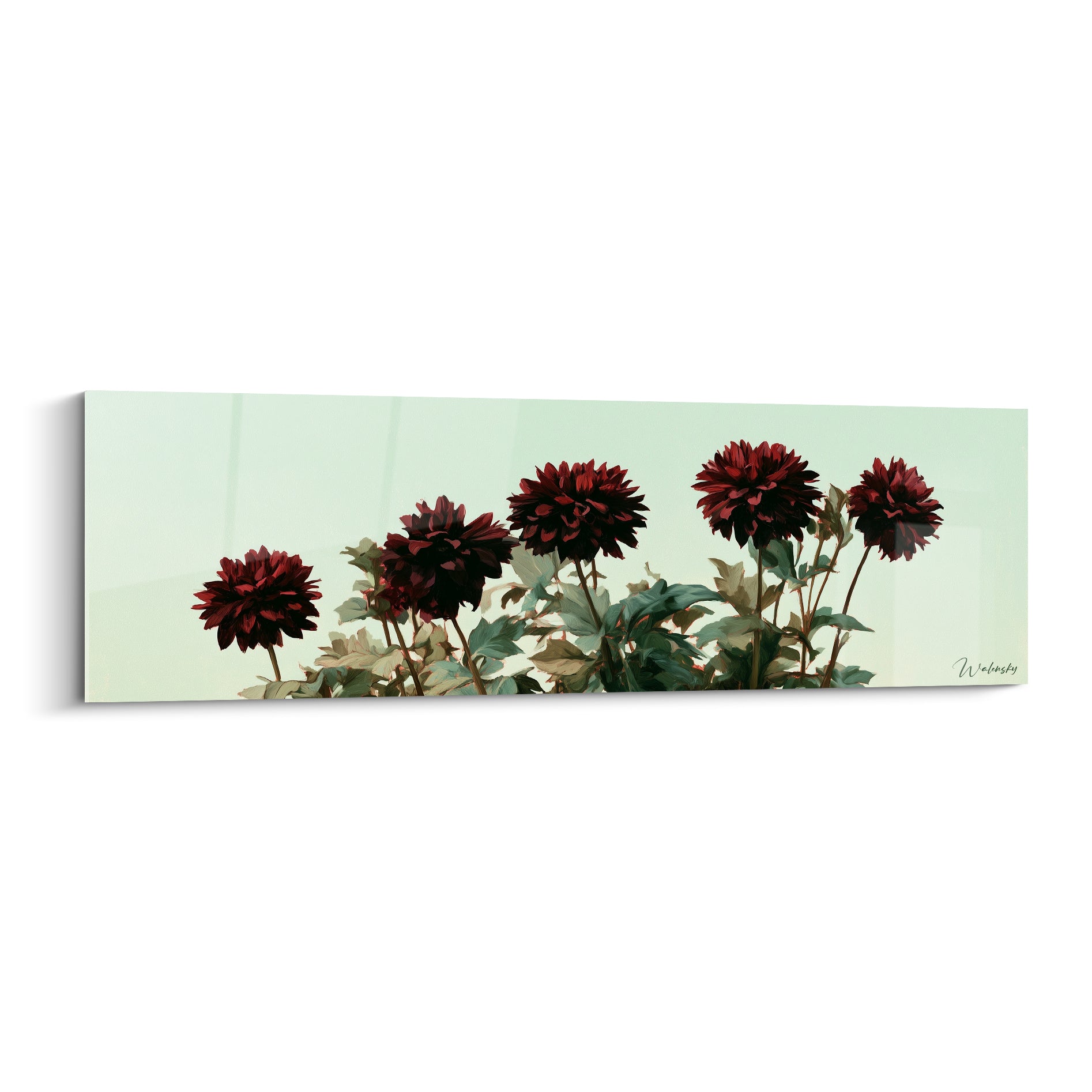 Dahlias bordeaux profond sur fond vert sauge, tiges élancées et feuillage kaki en composition panoramique