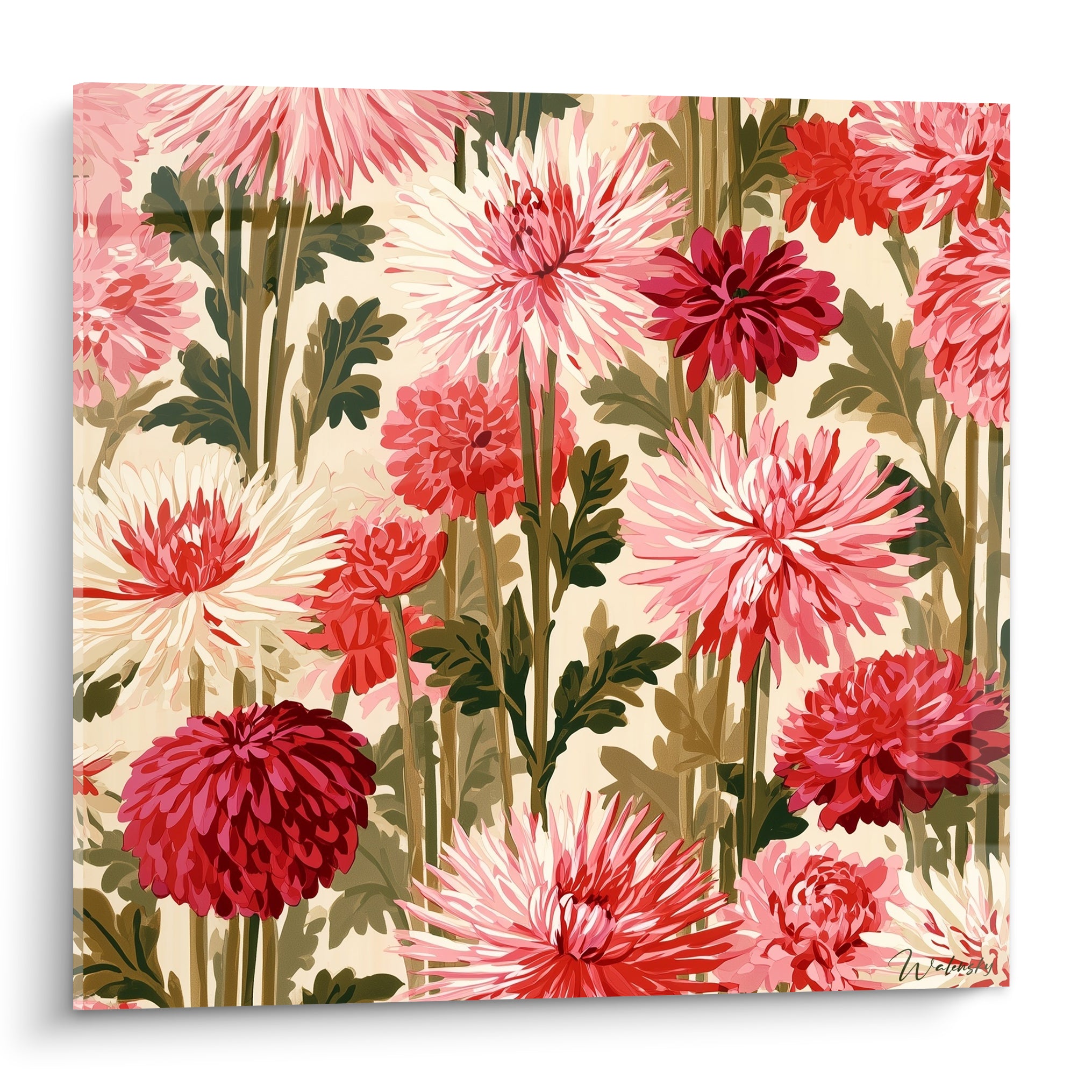 Dahlias roses, rouges et ivoire peints en pleine floraison sur fond beige clair aux tiges dorées