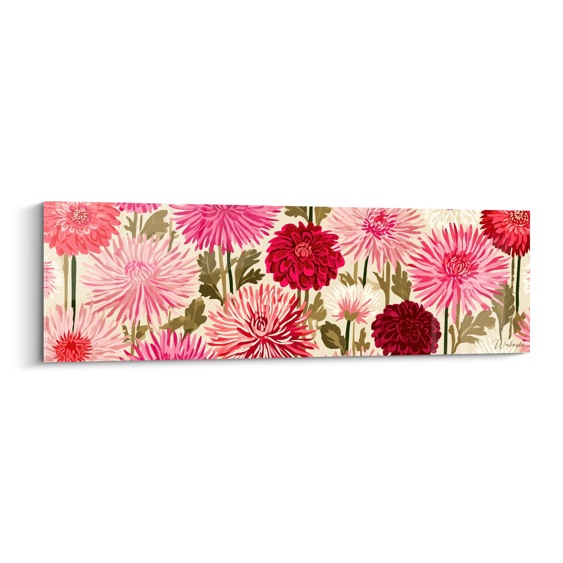 Dahlias roses et rouges illustrés en frise florale sur fond ivoire, style graphique détaillé