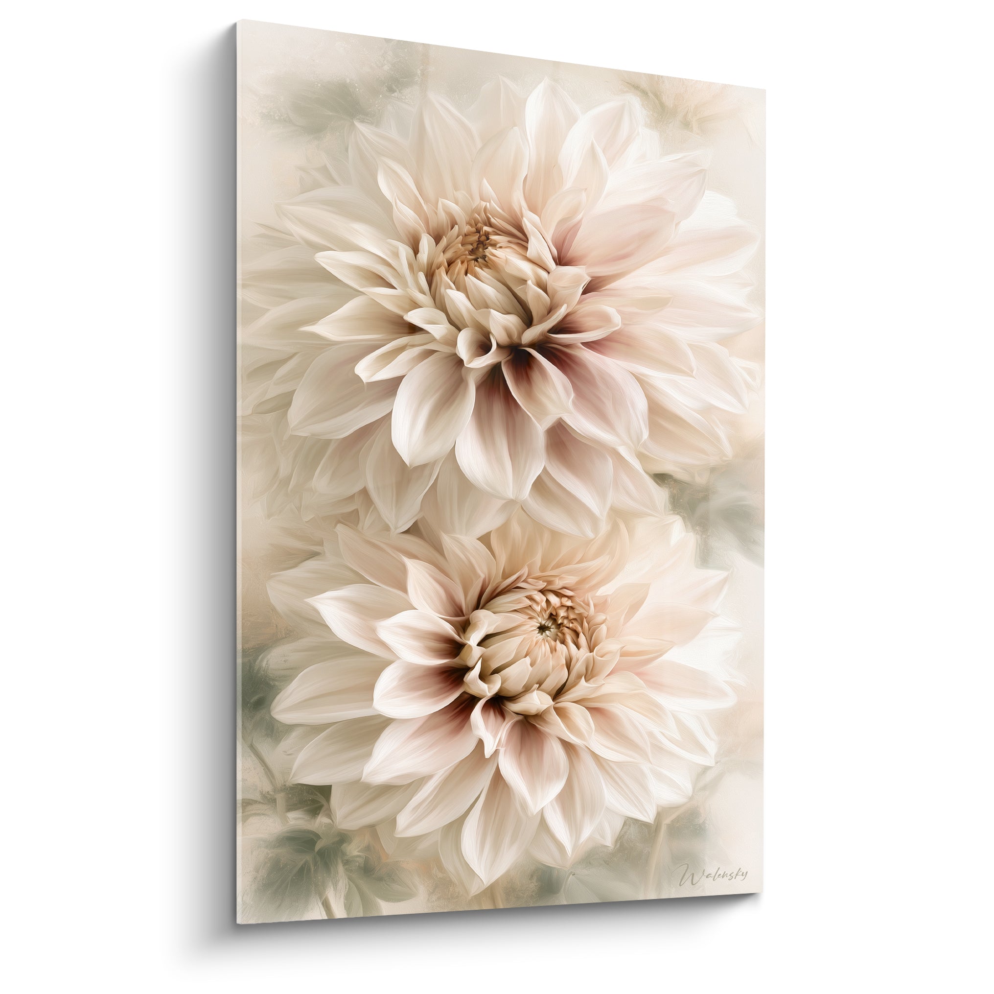 Dahlia ivoire aux cœurs bordeaux, pétales veloutés et fond vert pâle estompé