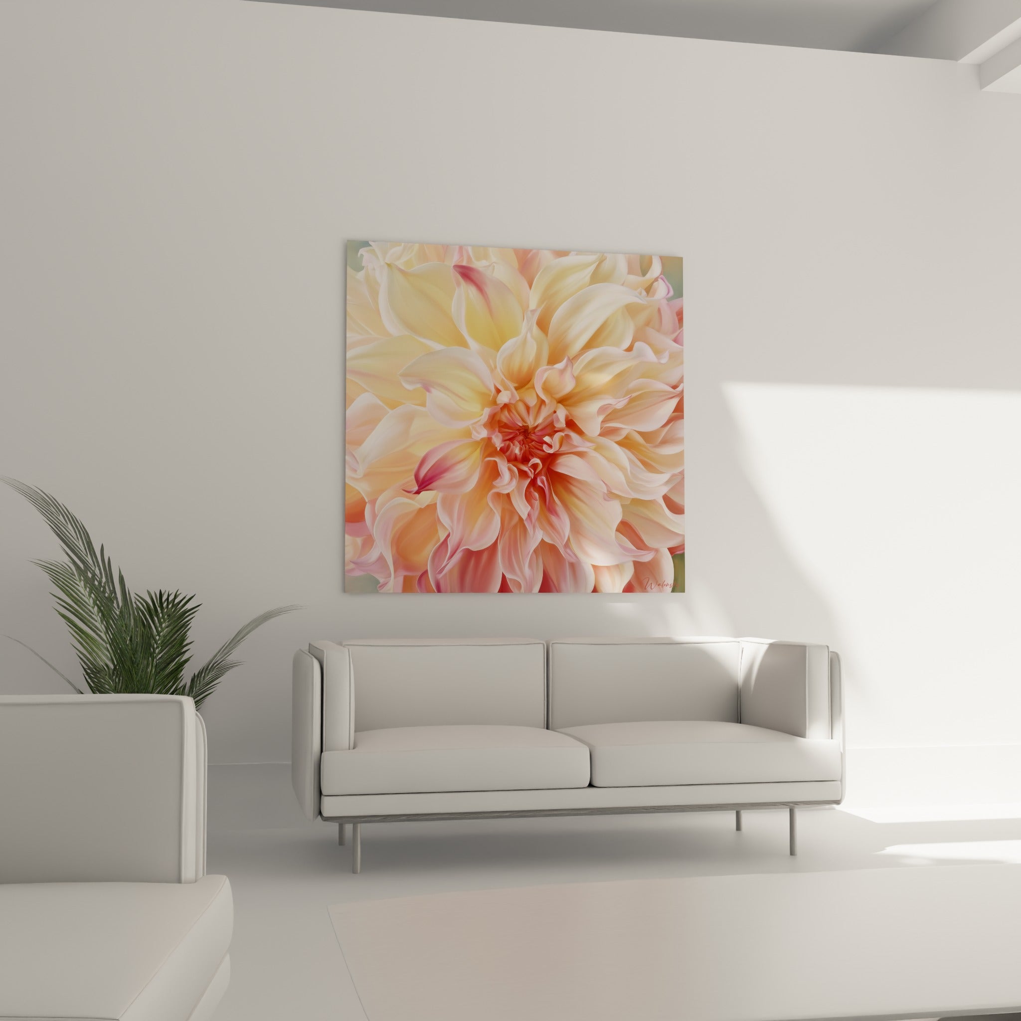 Fleur de dahlia ivoire et rose corail aux courbes fluides, suspendue au-dessus d'un canapé dans un salon lumineux