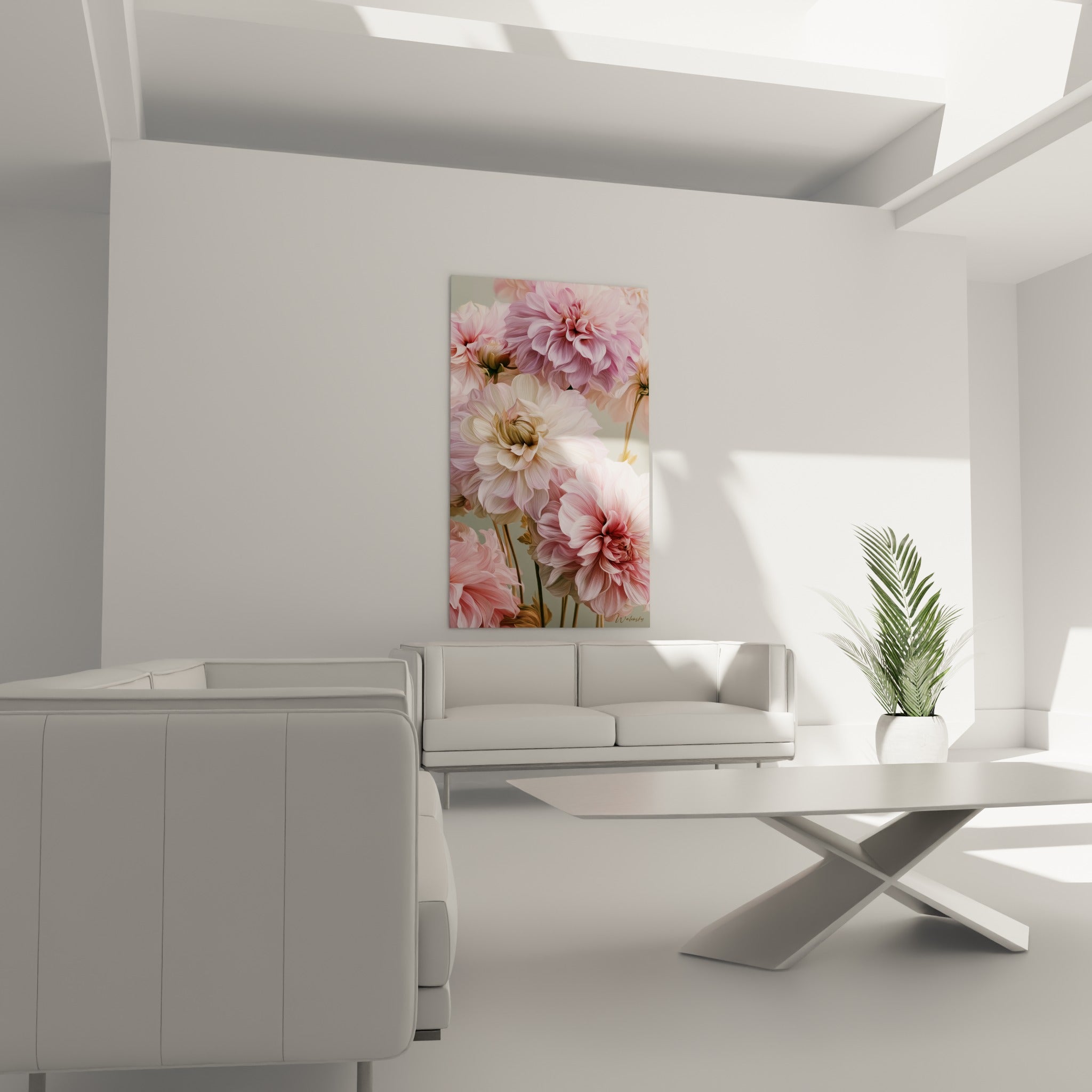 Fleurs de dahlia mauve et blanc aux textures veloutées, suspendues au-dessus d'un canapé dans un salon lumineux