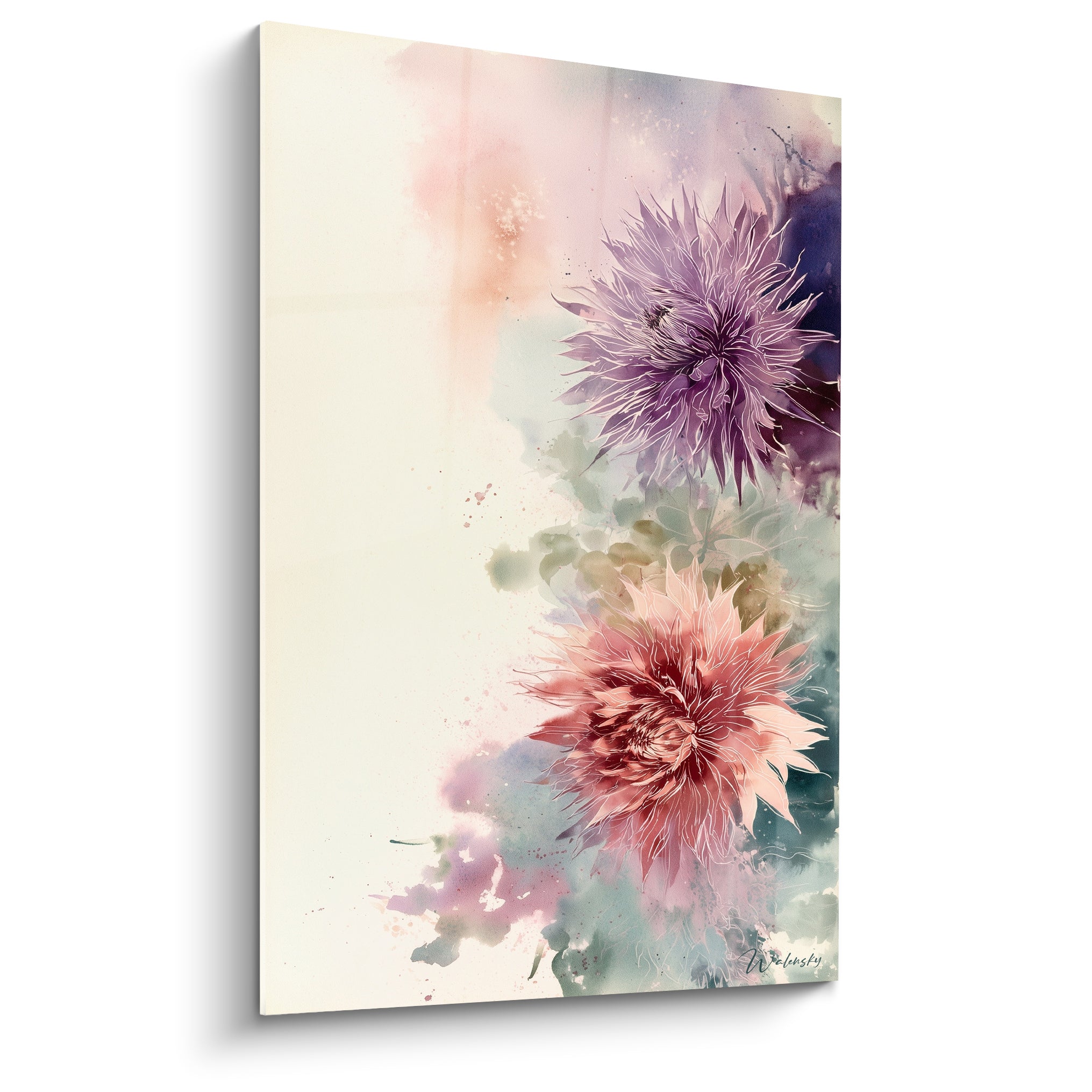 Dahlias mauve et corail en aquarelle sur fond ivoire, pétales effilés aux contours nets
