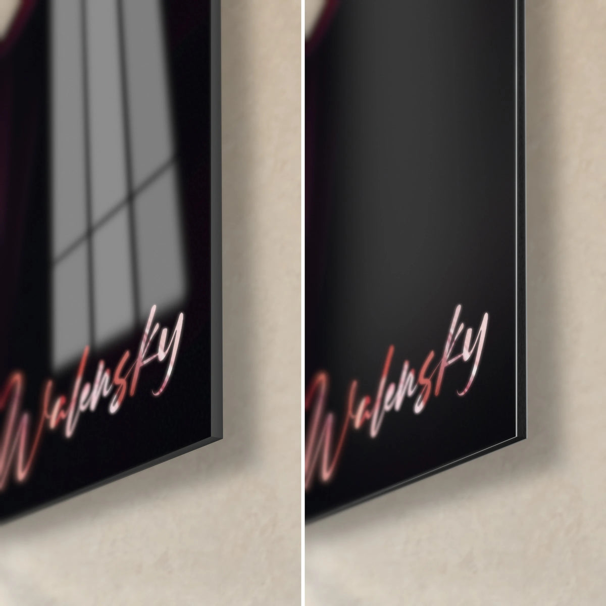 Wall art of a burgundy dahlia, bottom right corner with the pink Walensky signature, glossy acrylic glass on the left and matte black Dibond aluminium on the right