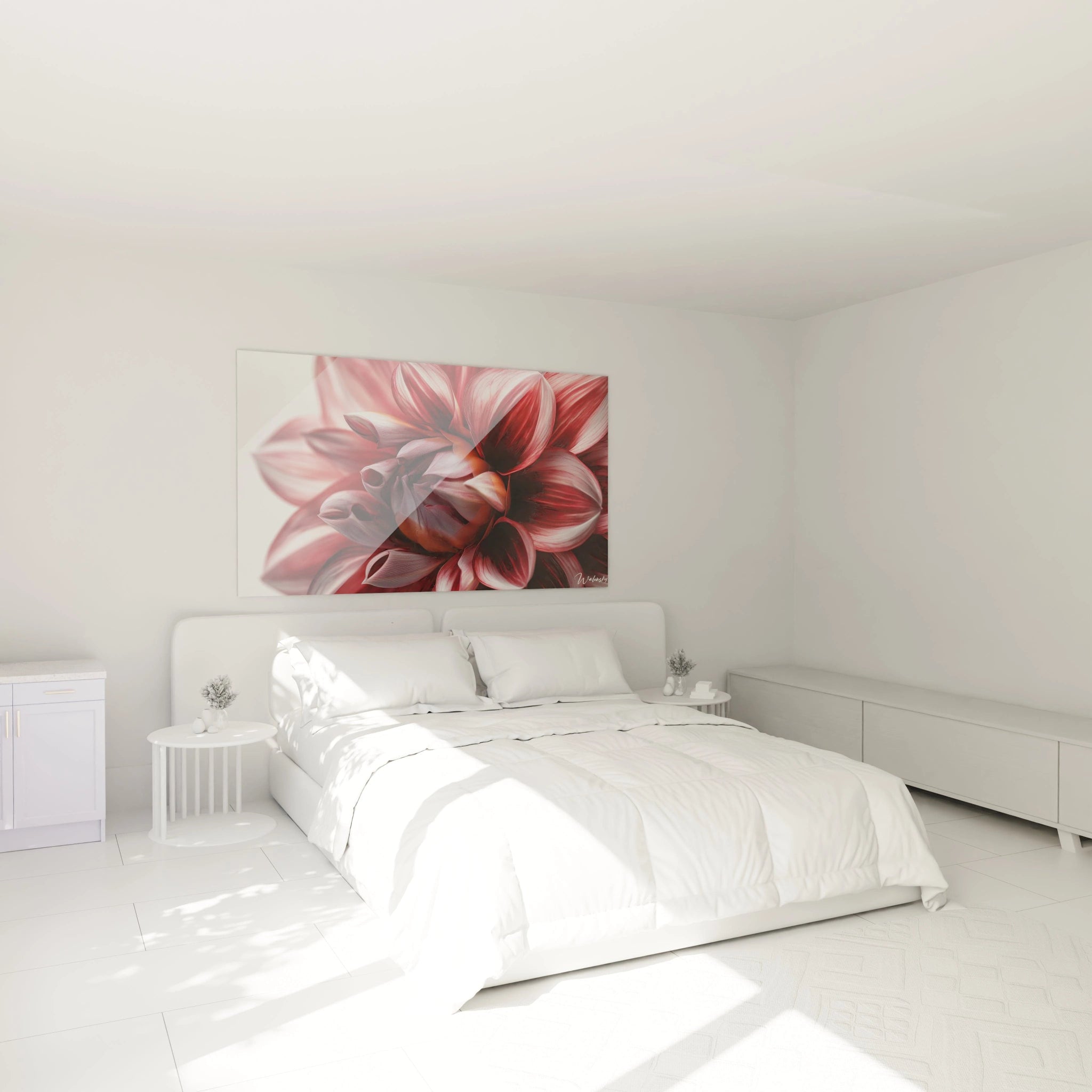 Un tableau Dahlia nature détaillant une fleur aux pétales superposés, dans des tons rouges et blancs, avec un centre orangé et des effets de lumiÚre créant une impression de volume et de profondeur.