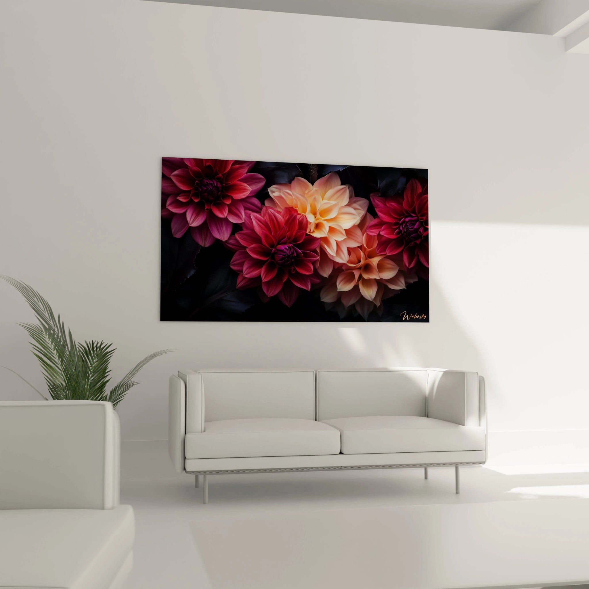 Un tableau Dahlia nature illustrant plusieurs dahlias en gros plan, aux couleurs rouge, rose et orange, avec des pétales finement détaillés et un arriÚre-plan sombre accentuant la profondeur visuelle.