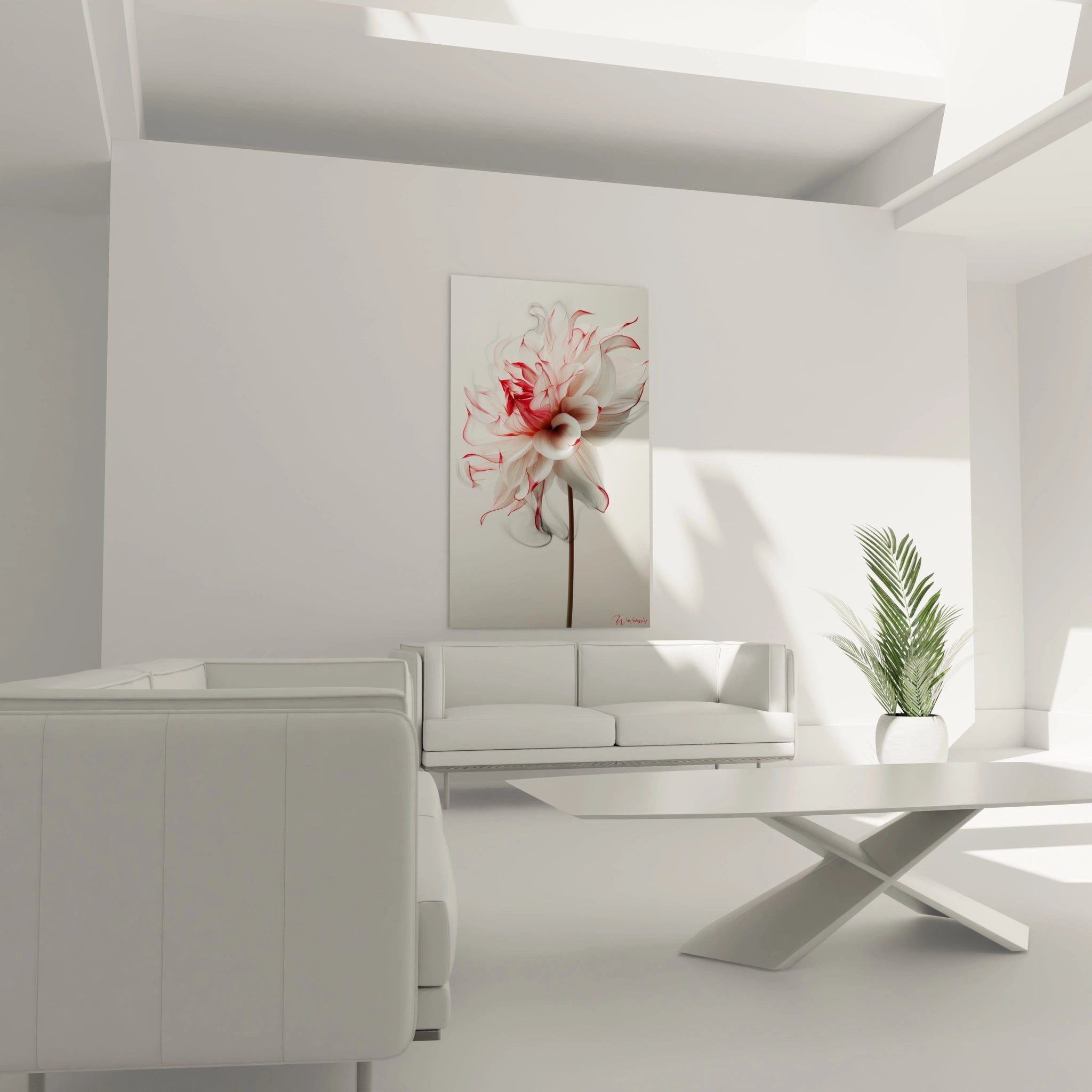 Un tableau Dahlia nature mettant en scÚne un dahlia aux pétales allongés et effilés, combinant des nuances de blanc, rouge et beige avec des dégradés progressifs et des effets de flou.