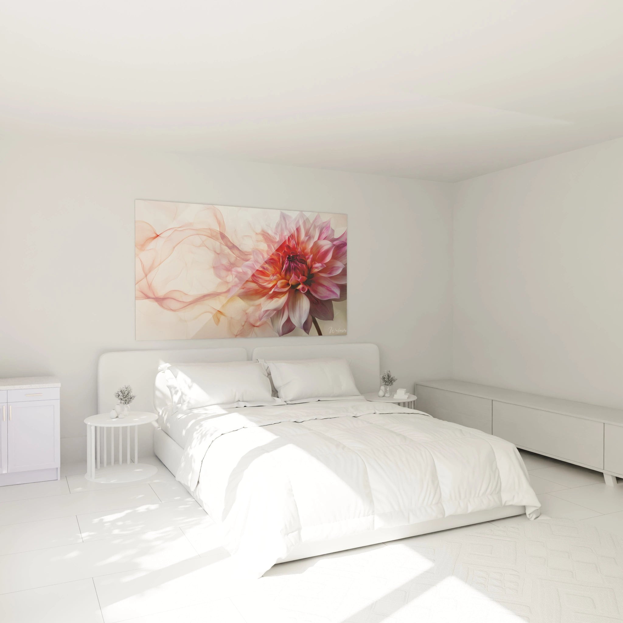 Un tableau Dahlia nature illustrant une grande fleur en gros plan, aux pétales roses et dorés, avec un effet de mouvement et des lignes estompées, contrastant avec un arriÚre-plan vaporeux.