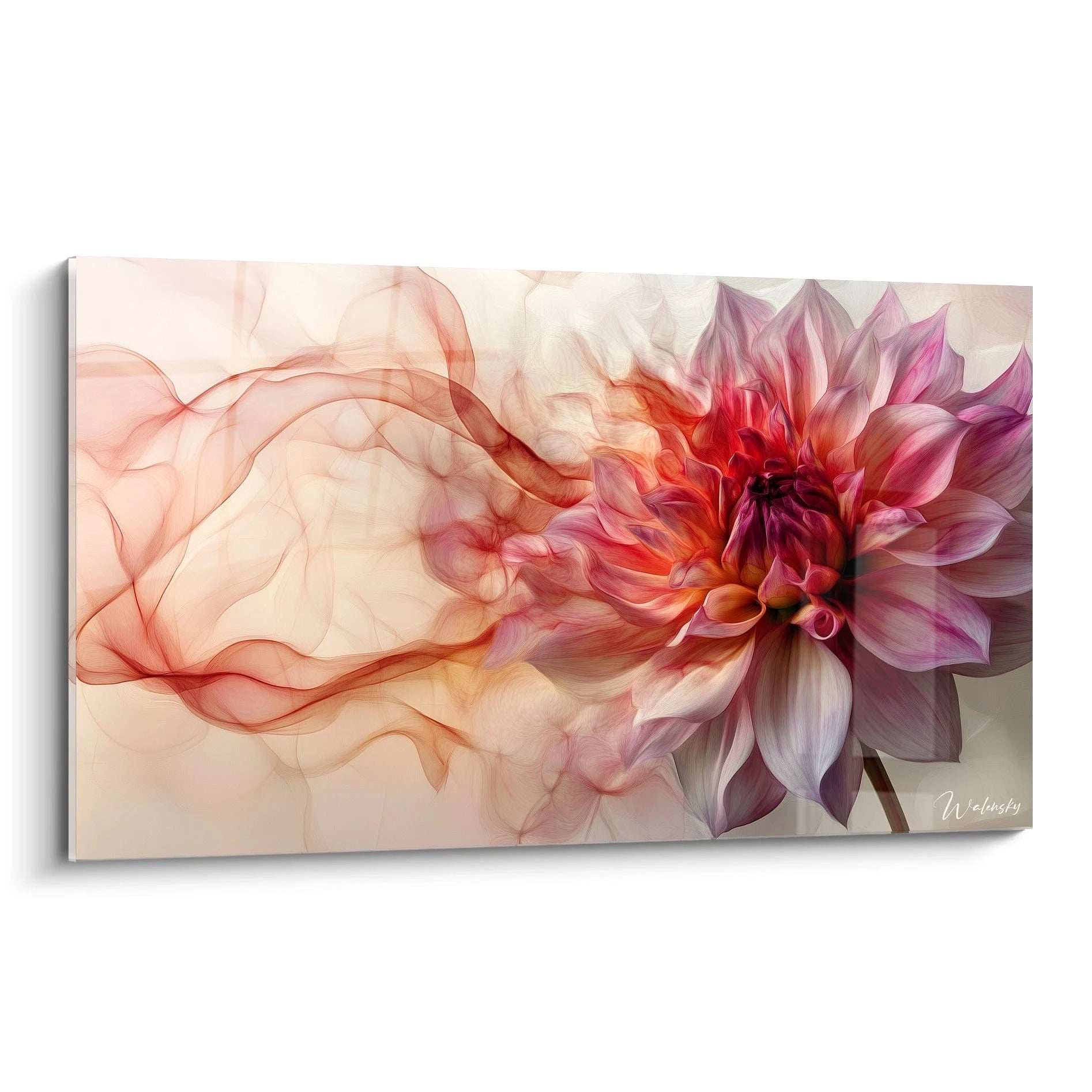 Un tableau Dahlia nature représentant une fleur détaillée aux teintes rose, or rose et beige, avec des textures fluides et des effets de transparence créant un dégradé subtil sur fond clair.