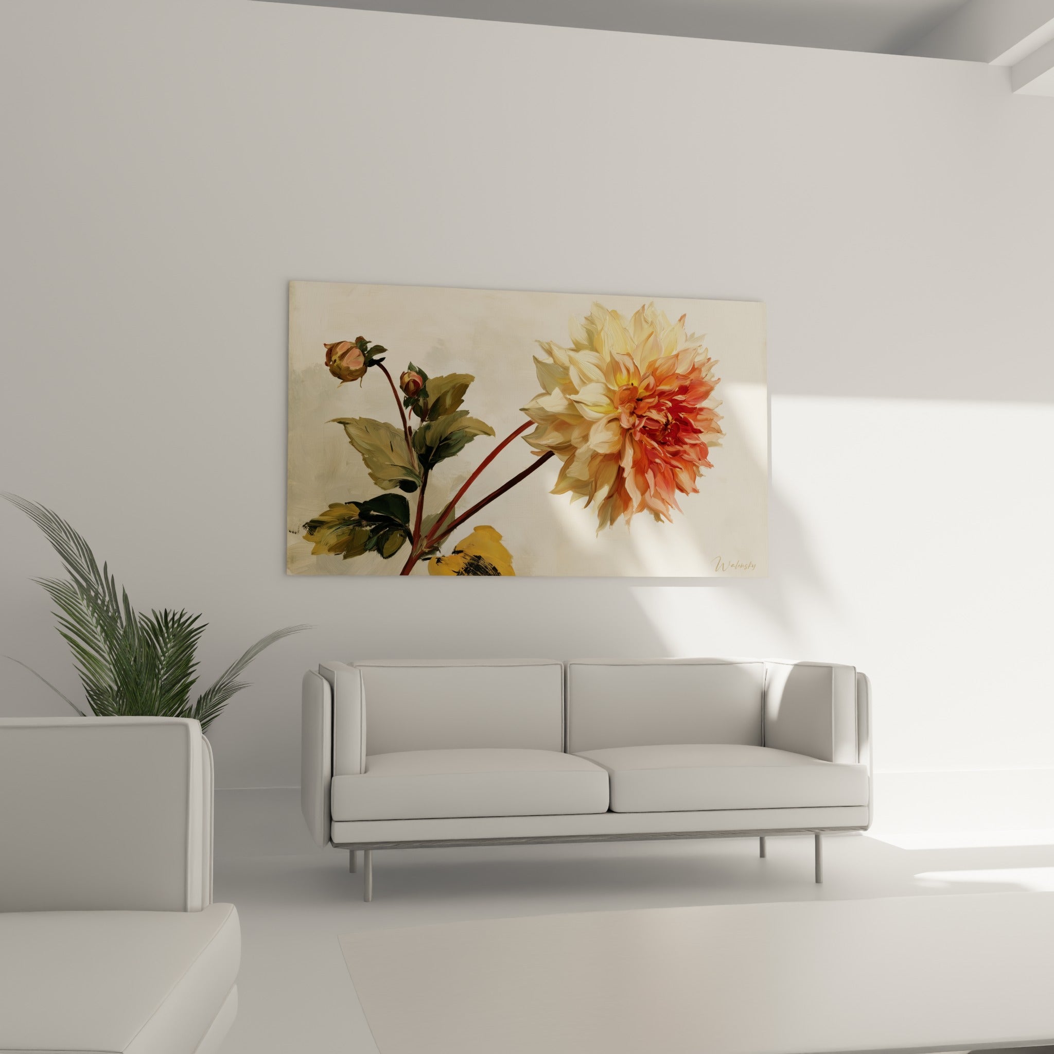 Pétales de dahlia ocre et rose peints avec finesse, au-dessus d'un canapé dans un salon lumineux