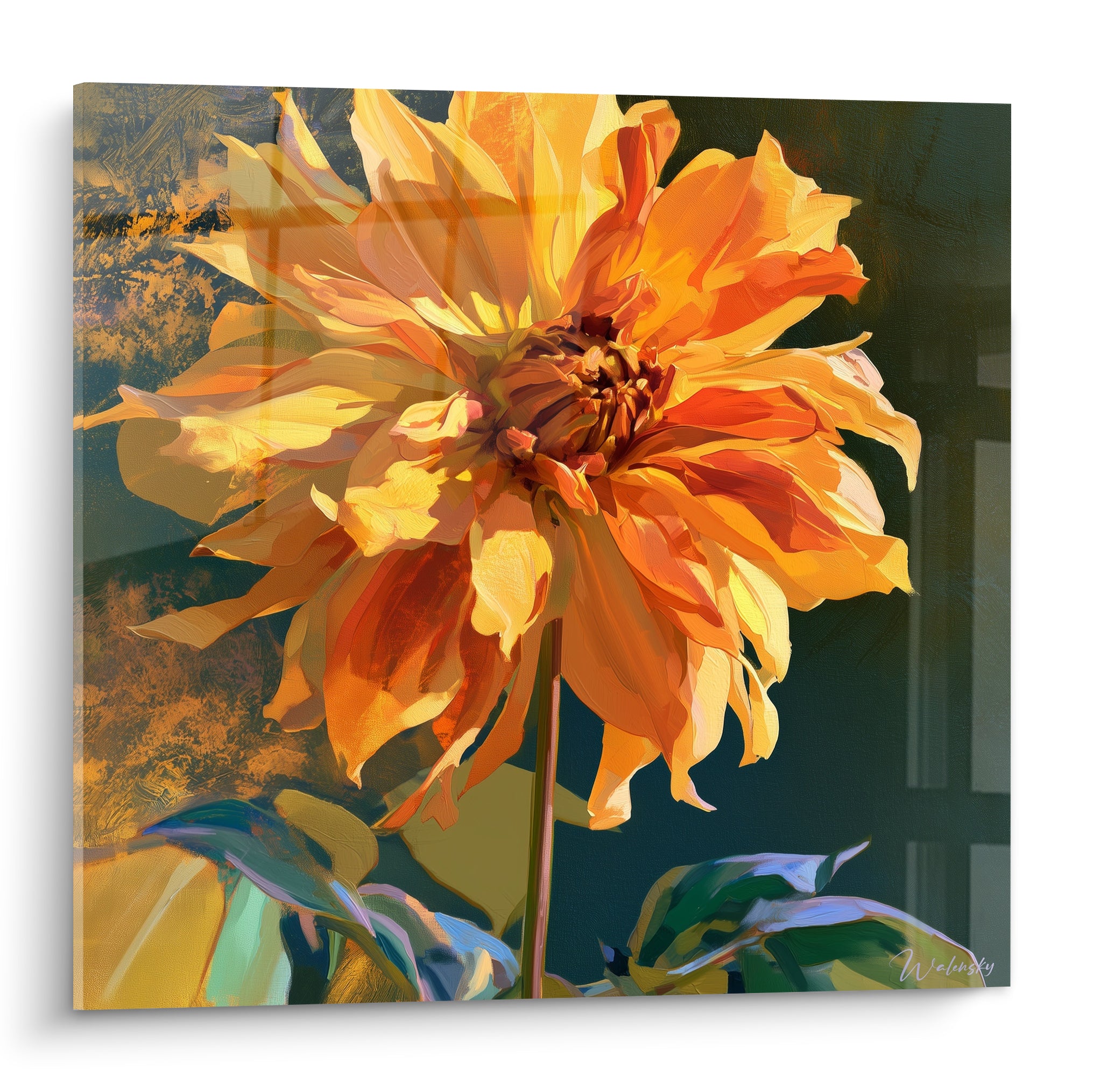 Dahlia orange et doré aux pétales déployés, fond vert anthracite, peinture texturée et lumineuse