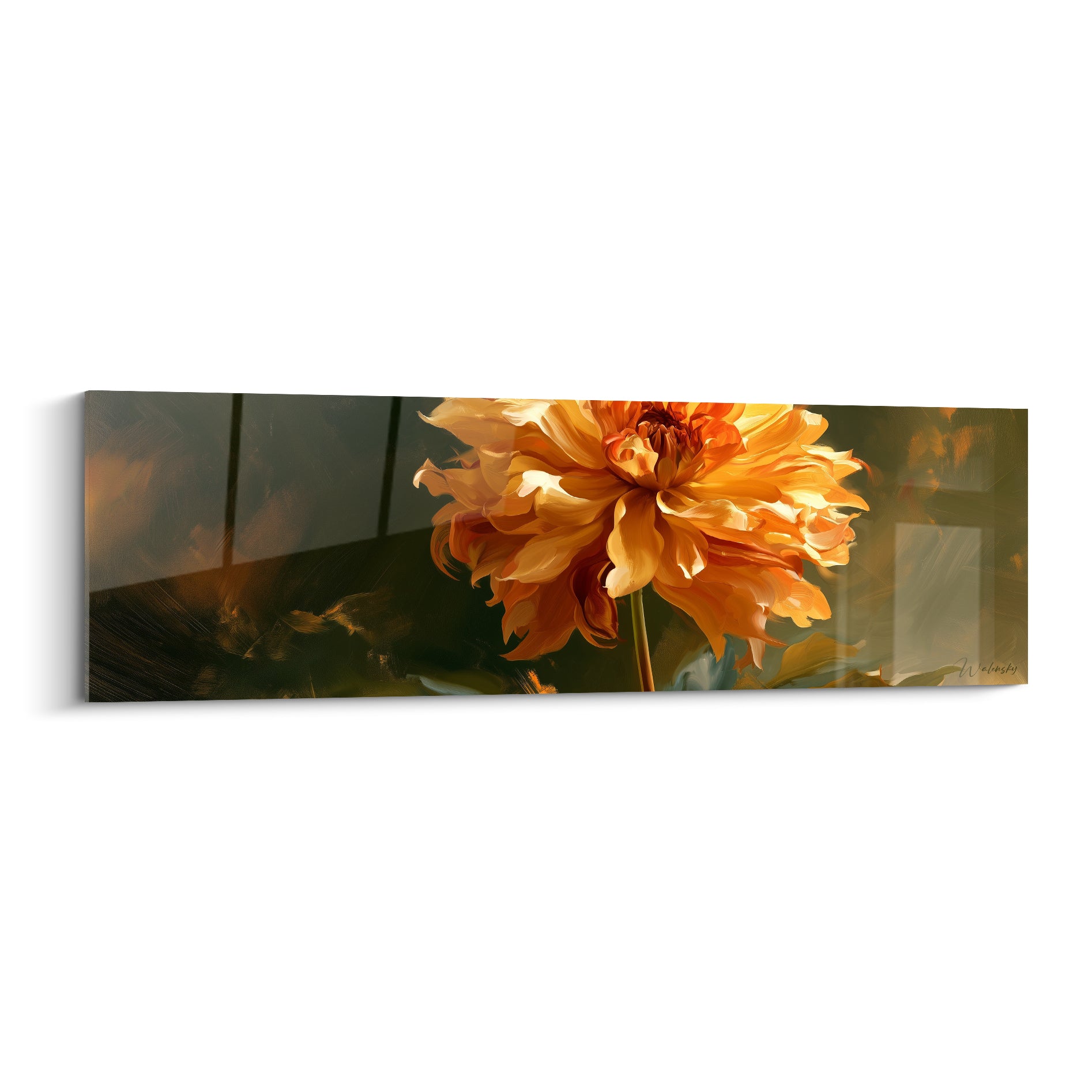Dahlia orange et brun aux pétales déployés, peinture texturée sur fond olive sombre
