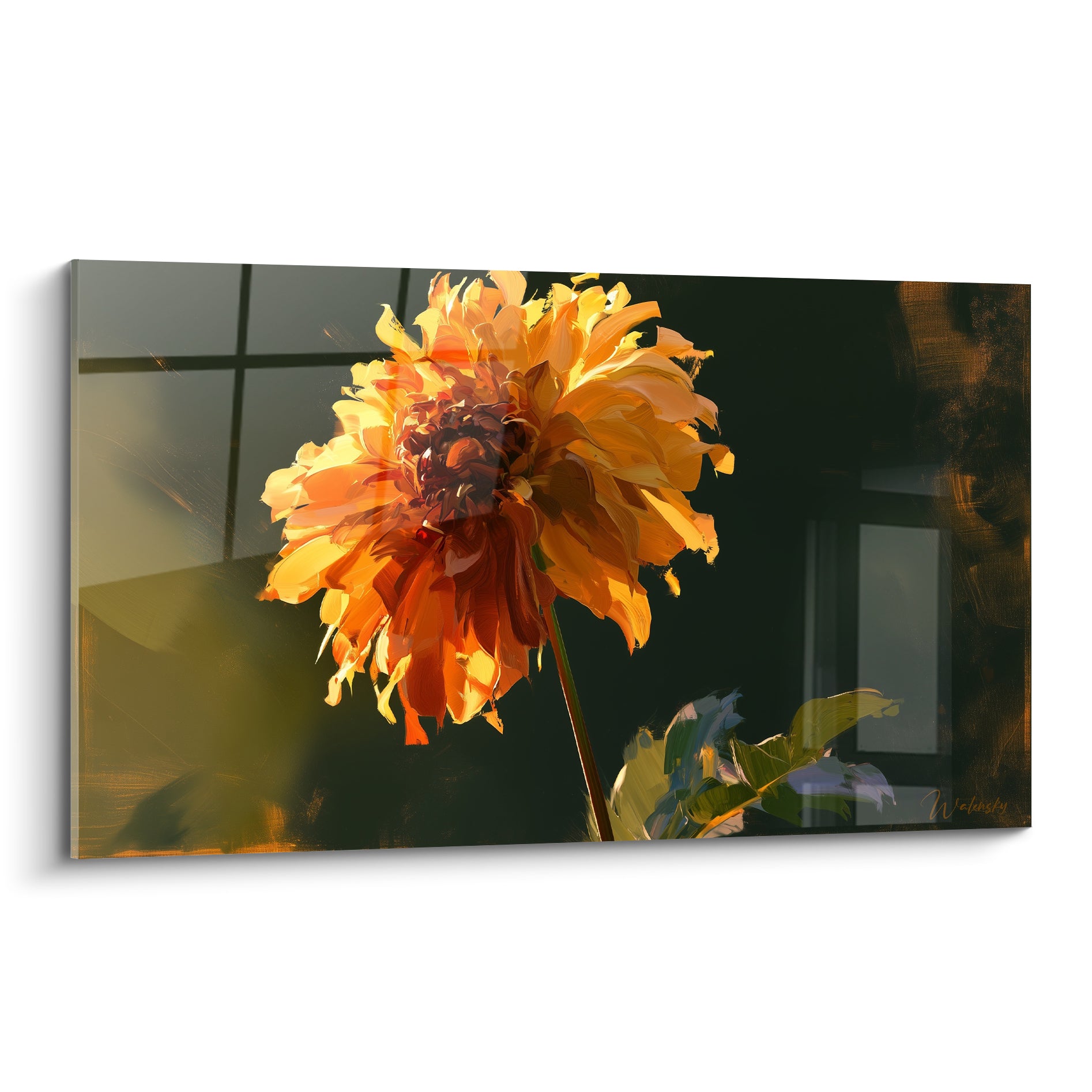 Dahlia orange aux pétales dorés et cœur brun, peinture expressive sur fond anthracite