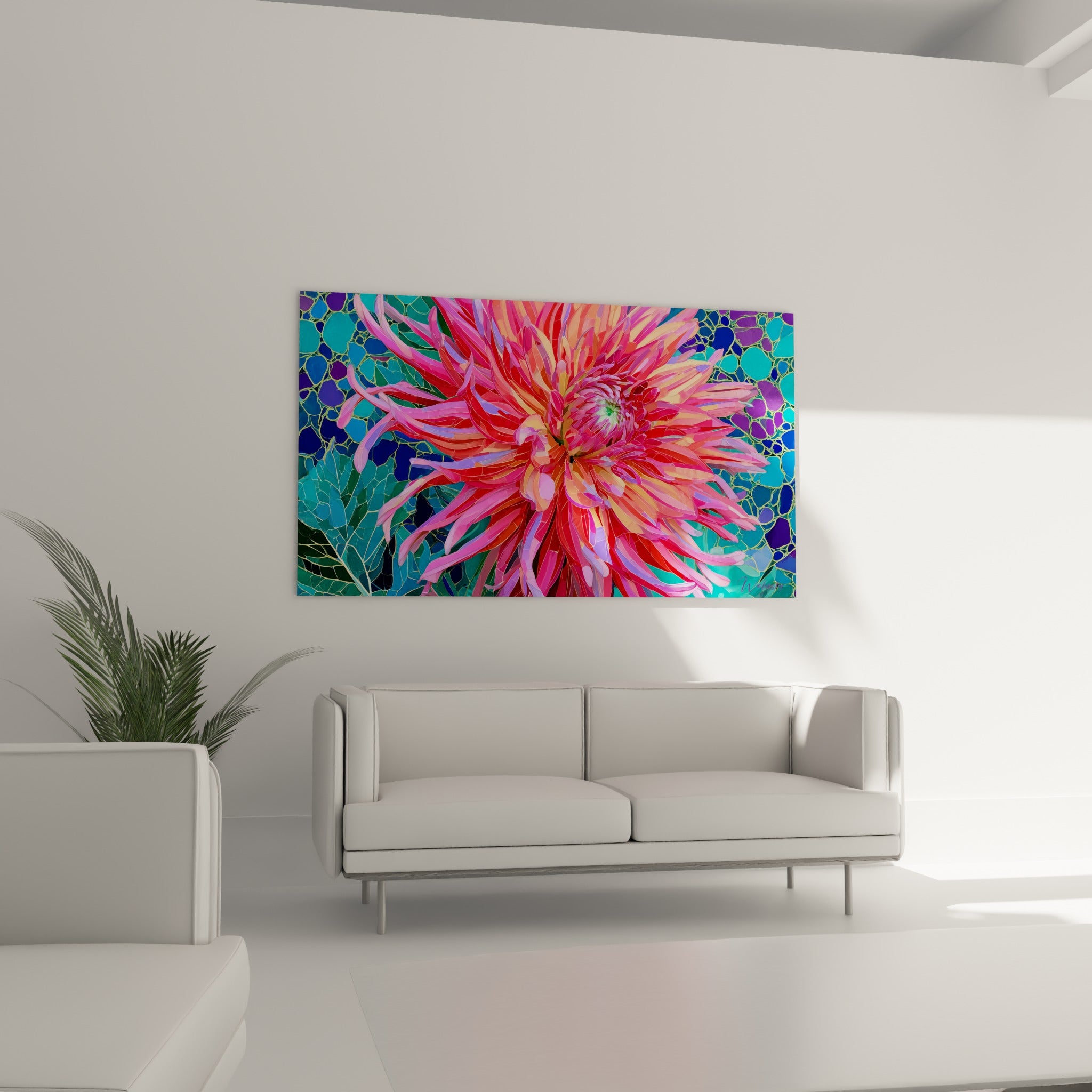 Pétales de dahlia orangé et violet en mosaïque, disposés au-dessus d'un canapé dans un salon lumineux
