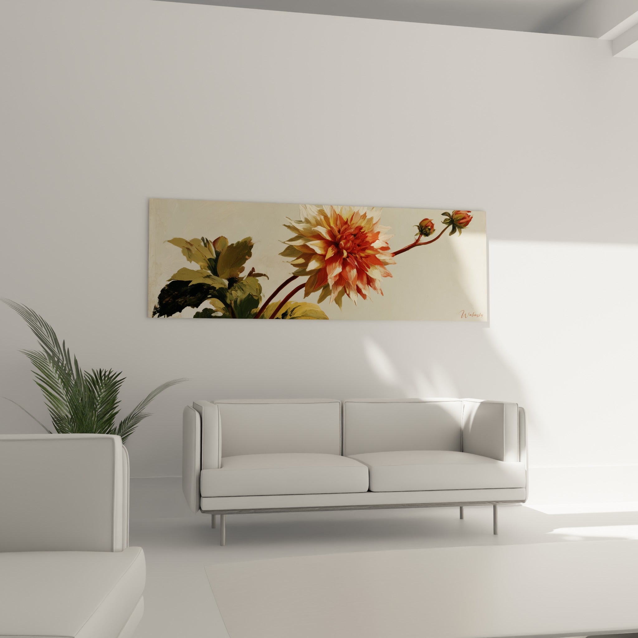 Pétales dahlia beige et corail déployés au-dessus d'un canapé dans un salon lumineux
