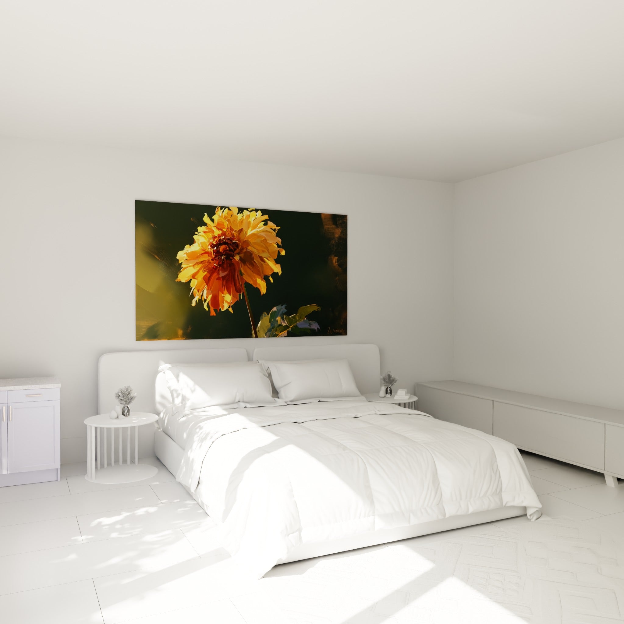 Fleur de dahlia orangée et brune, touches expressives, au-dessus d'un lit dans une chambre claire