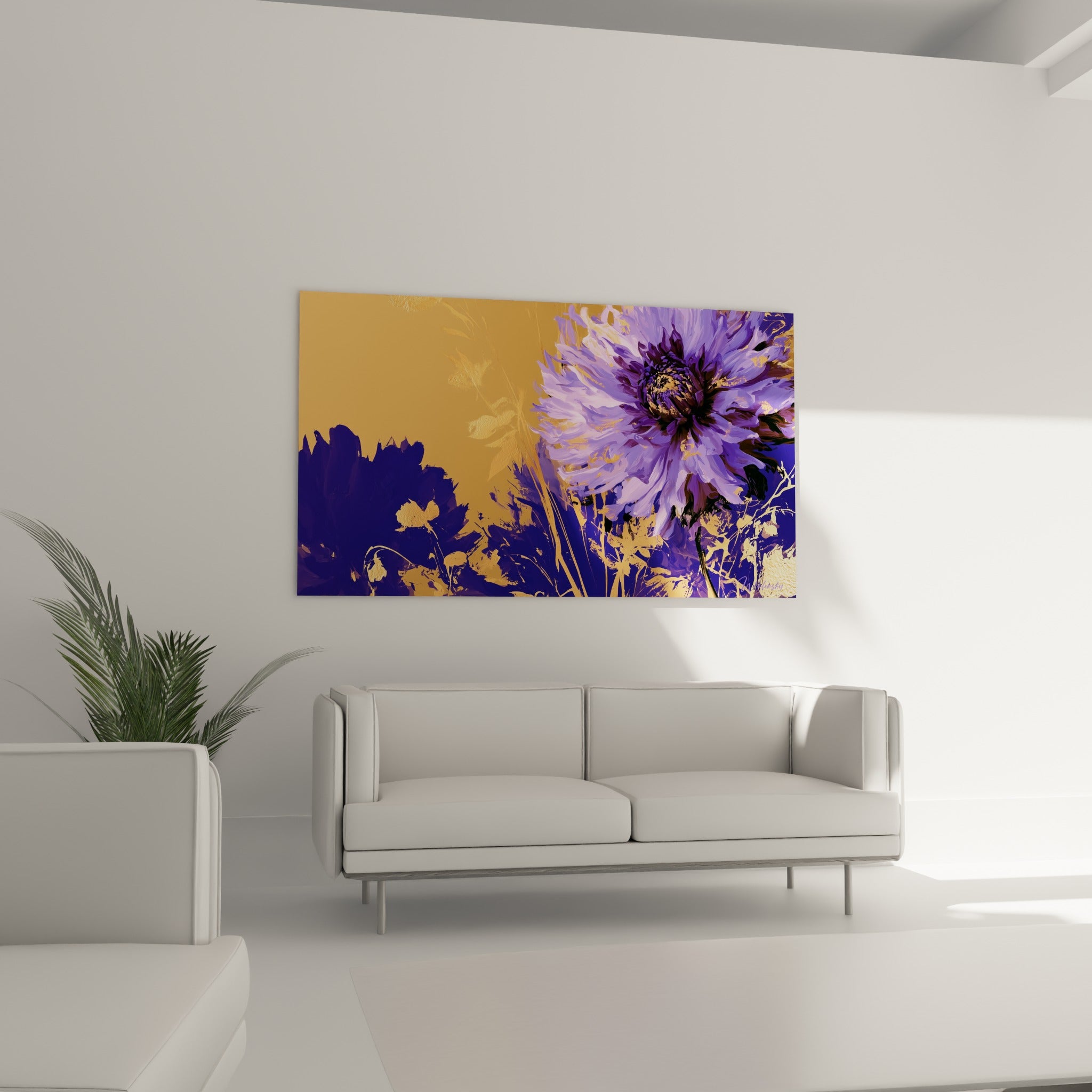 Pétales lavande et reflets dorés du dahlia, accrochés au-dessus d'un canapé dans un salon lumineux