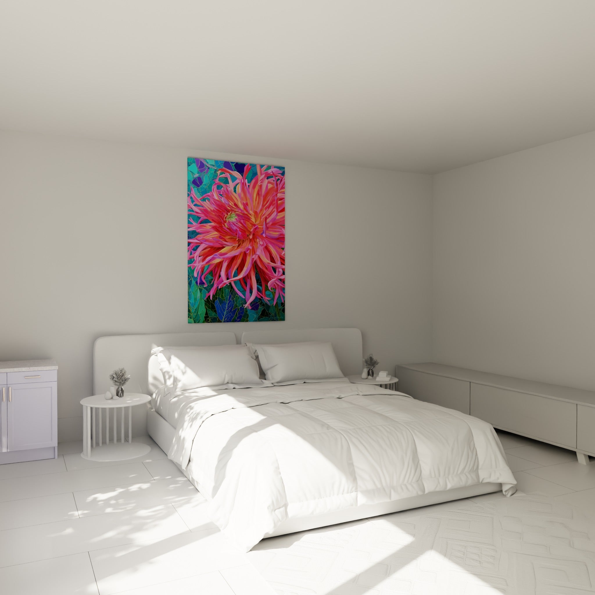 Pétales roses et orangés du dahlia contrastant avec le turquoise, au-dessus d'un lit dans une chambre claire