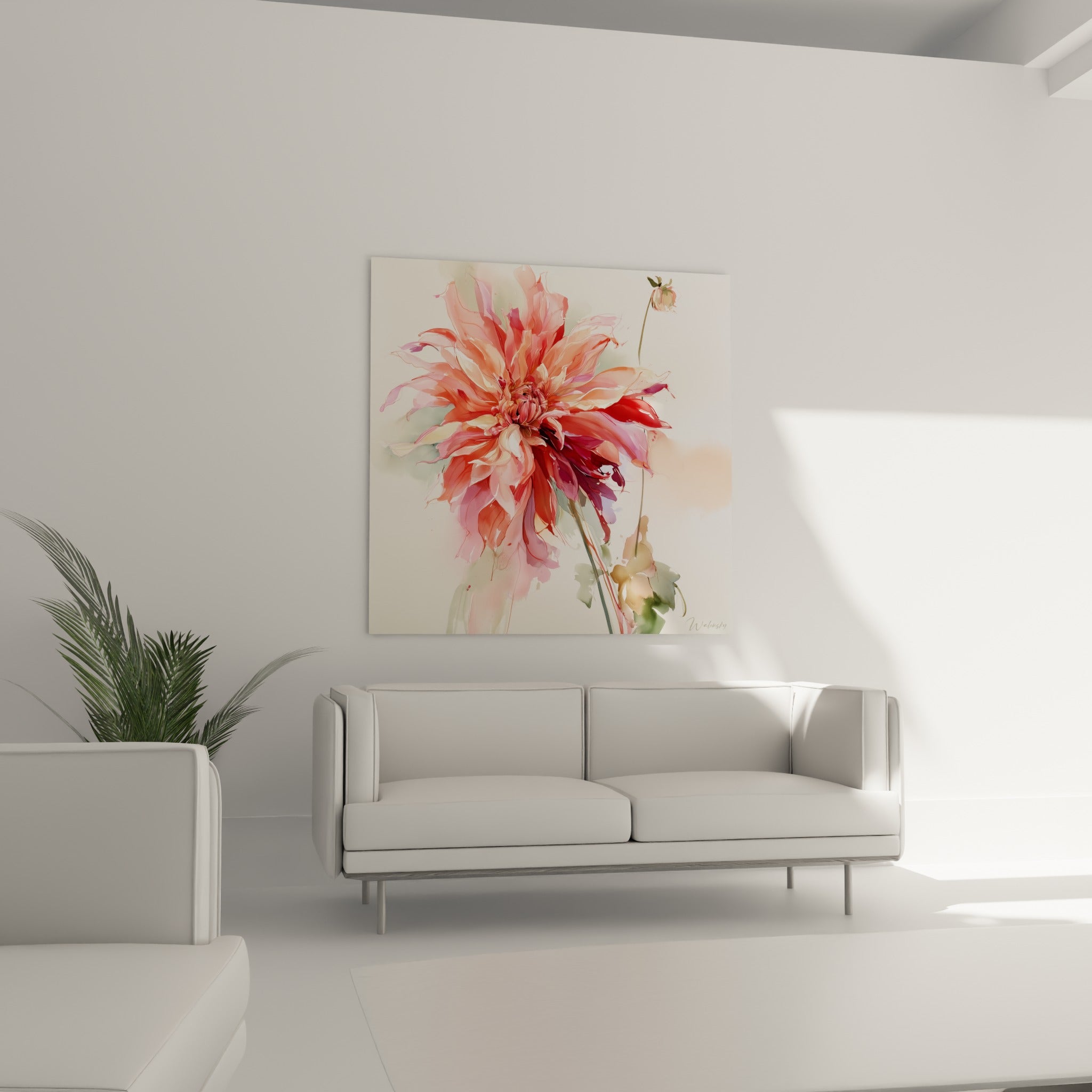 Fleur de dahlia rosée et pourpre à la tige fine, accrochée au-dessus d'un canapé dans un salon lumineux