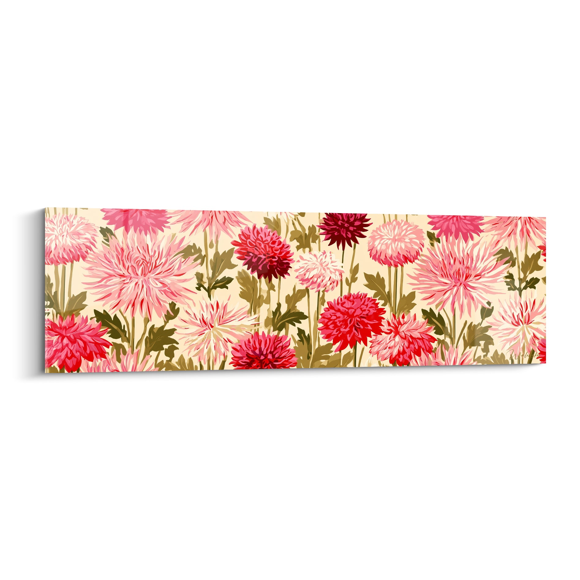 Dahlias roses et rouges en pompons denses sur fond ivoire, composition botanique panoramique aux feuillages olive