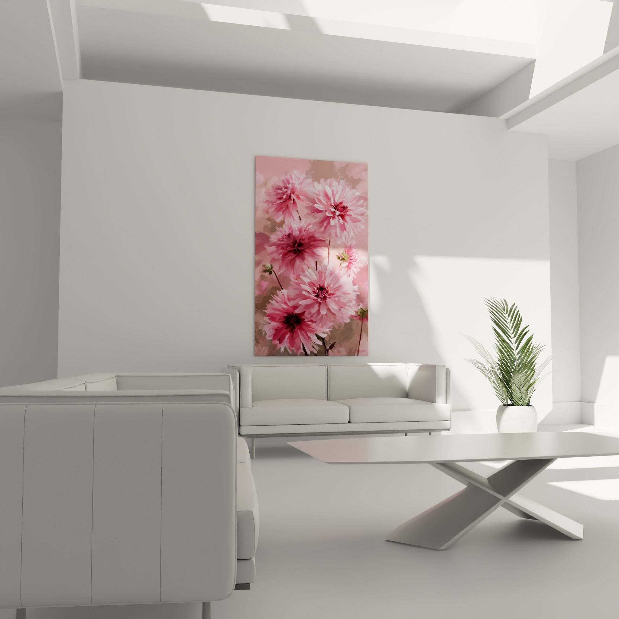 Fleurs de dahlia roses aux cœurs bordeaux suspendues au-dessus d'un canapé dans un salon lumineux