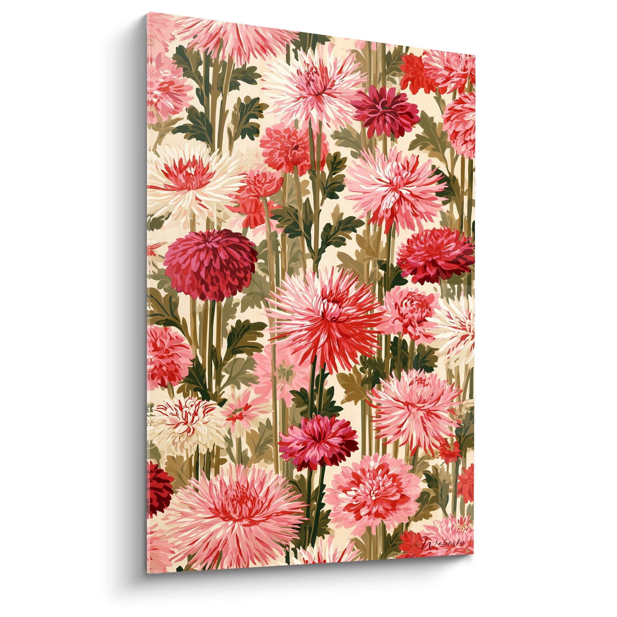 Dahlias roses et bordeaux en pleine floraison sur fond crème, style botanique illustré