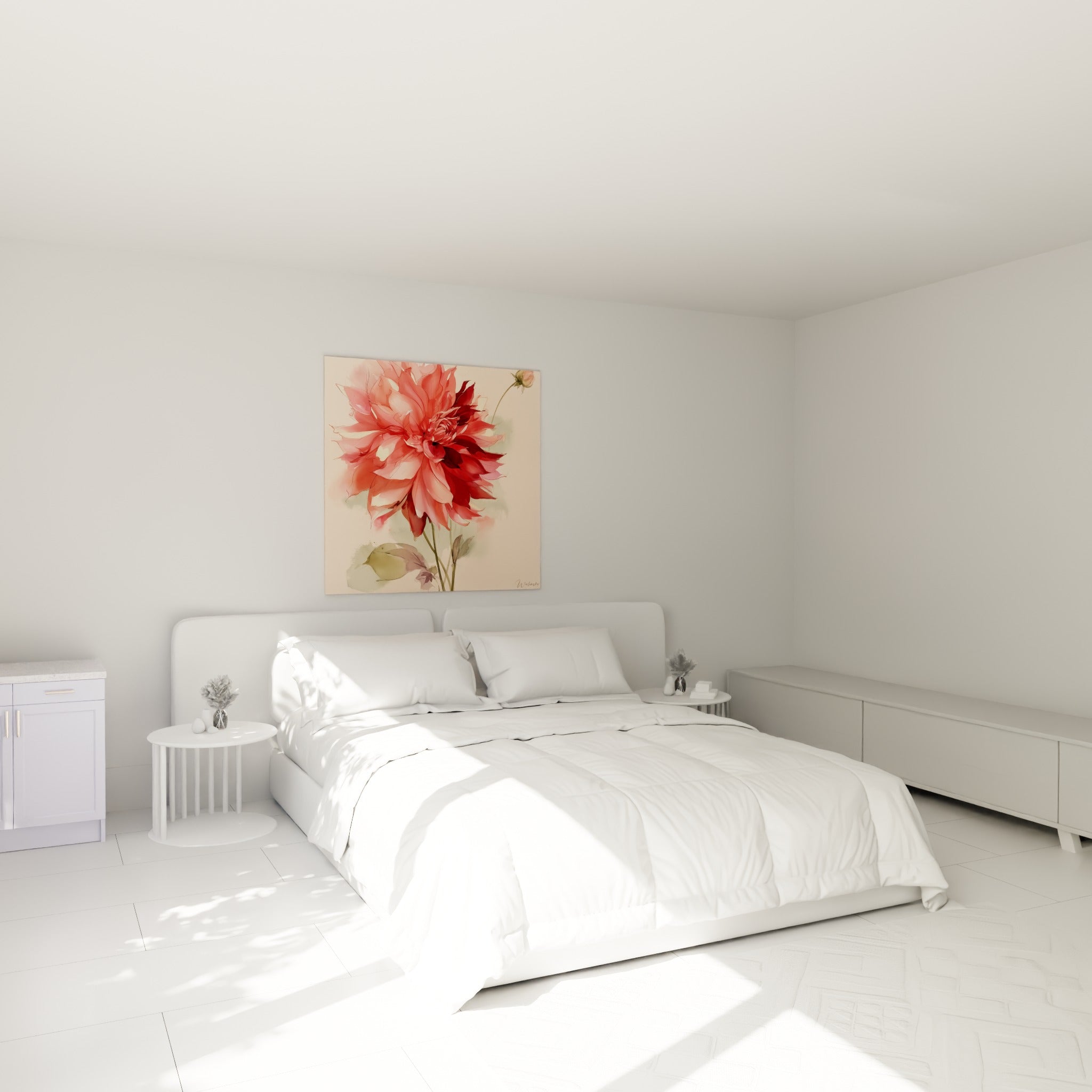Fleur de dahlia rose et rouge peinte à l'aquarelle, accrochée au-dessus d'un lit dans une chambre claire