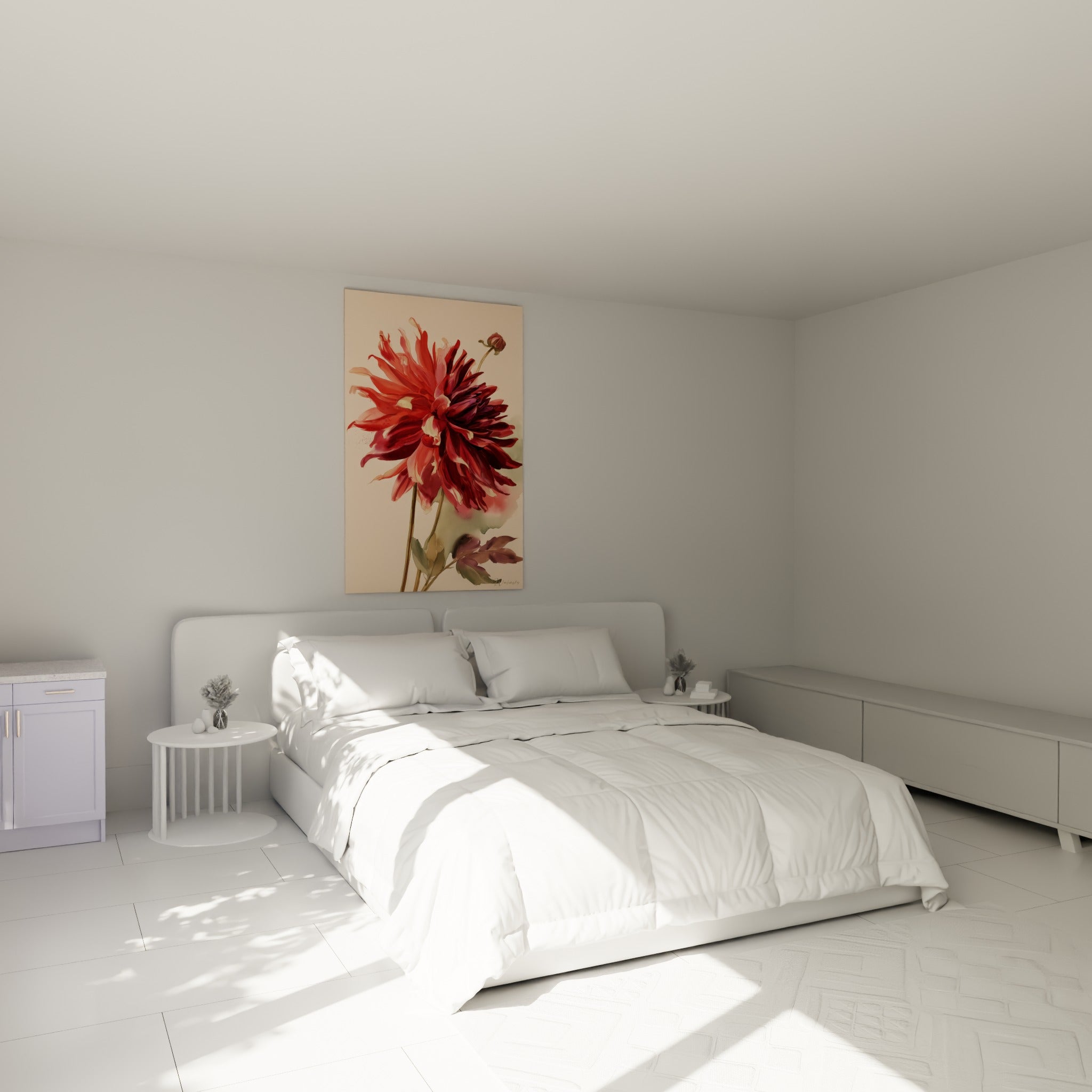 Fleur de dahlia rouge corail et bordeaux au-dessus d'un lit dans une chambre claire