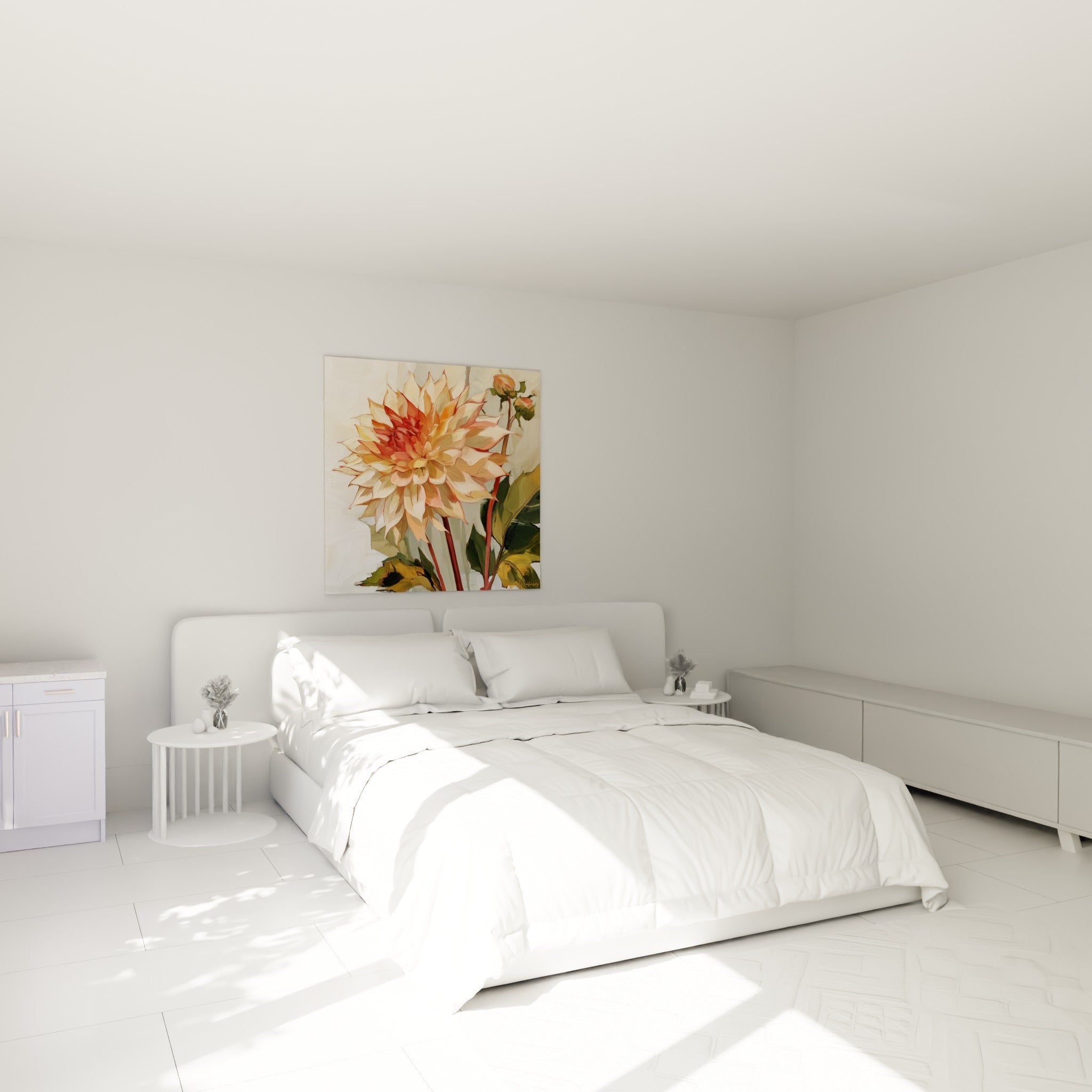 Fleur dahlia rose corail et crème accrochée au-dessus d'un lit dans une chambre claire