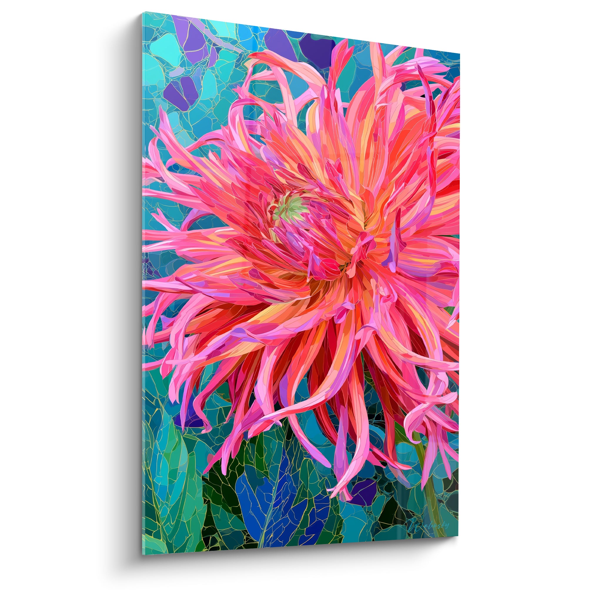 Dahlia rose corail aux pétales déployés sur fond mosaïque turquoise et indigo, plein cadre