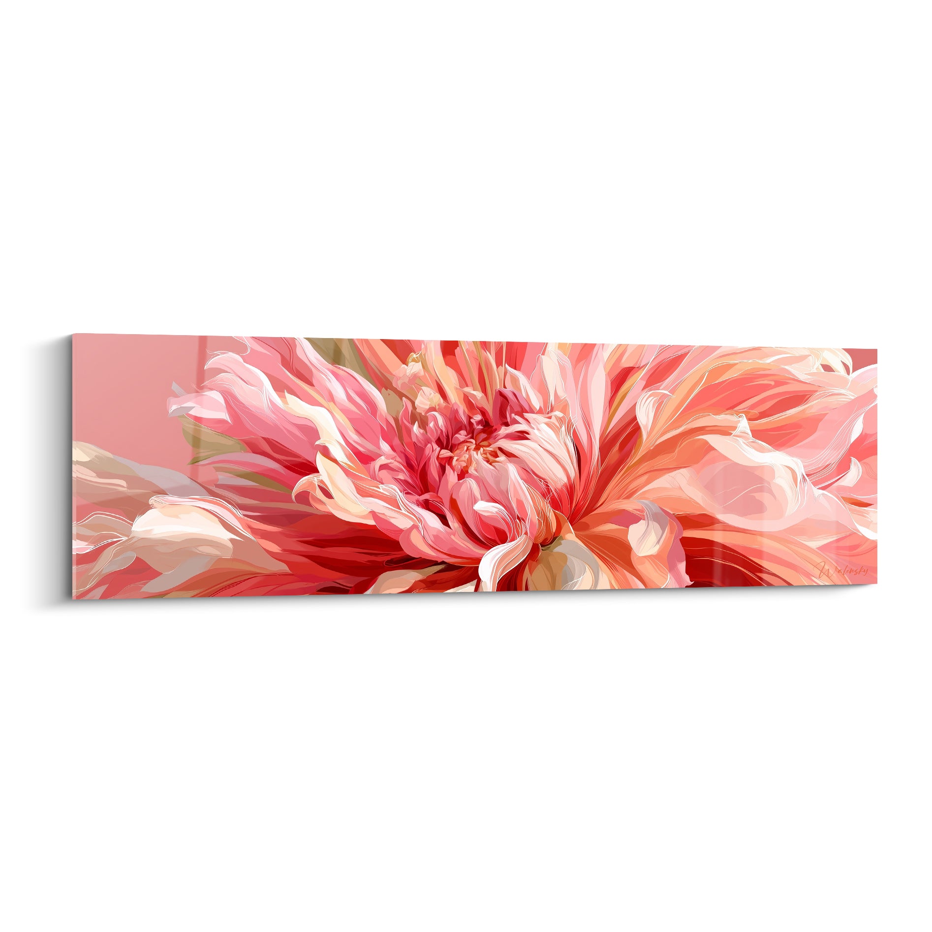 Dahlia rose et corail aux pétales déployés en spirale, cœur doré lumineux, style aquarelle