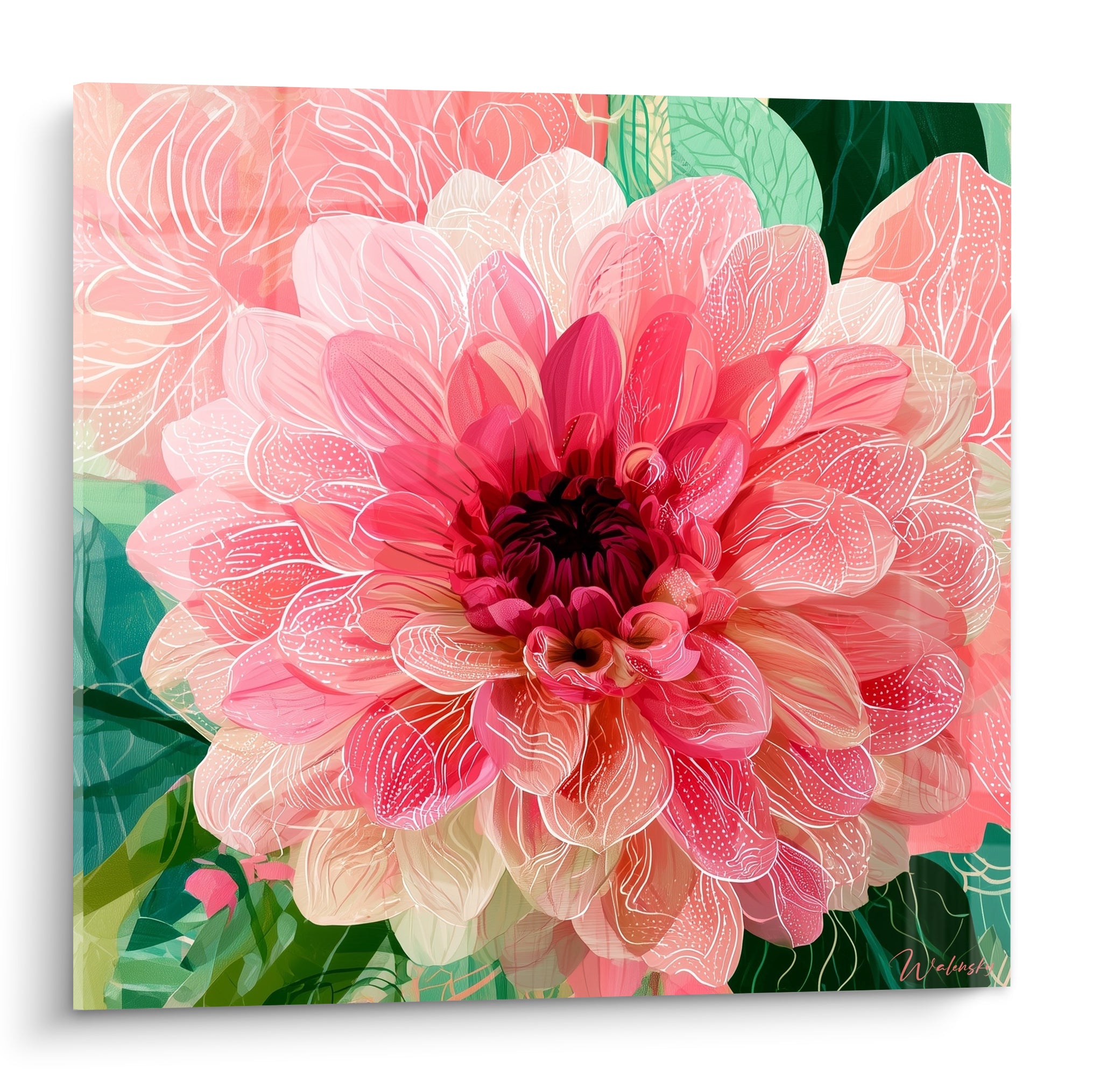 Dahlia rose et corail aux pétales illustrés, cœur bordeaux profond, feuillage vert émeraude en fond